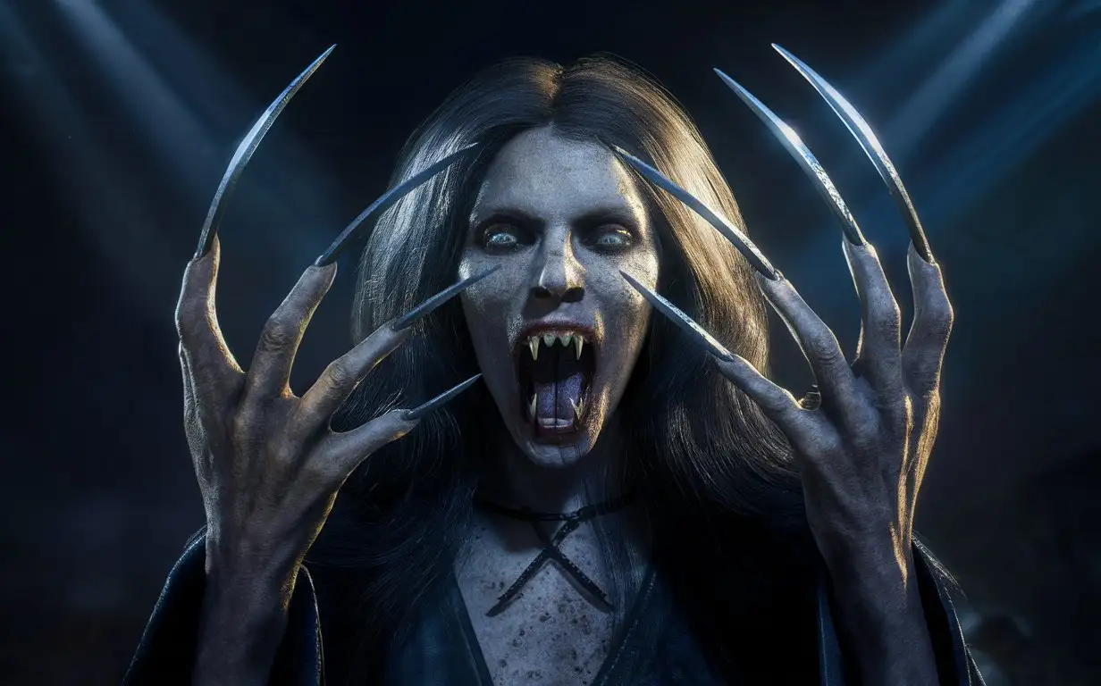 a photorealistic and horrifying nightmare scene of a scary vampire (female) with long pointed nails like claws protruding from each of the detailed and realistic human five fingers. The vampire's menacingly open mouth reveals pointed teeth like fangs, her eyes are a vacant, under atmospheric lighting in a full anatomical depiction, set in a night-time setting that is very clear without flaws, horror, photorealism, detailed, textured, dark, haunting, night-time scene, intense, creepy, undead, spooky, eerie, atmospheric lighting, nightmare, grotesque, terrifying, human hands, very clear without flaws with five fingers, realistic anatomy.