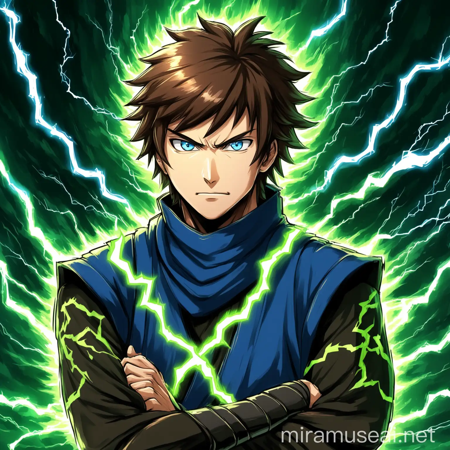 Guy, brown hair, ninja, arrogant face, blue eyes, green lightning, sunny aura
