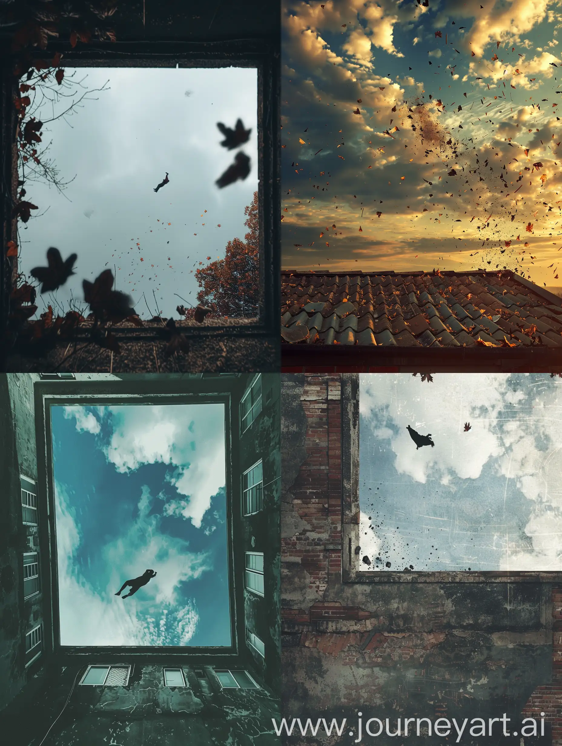 Aesthetics of a photo of a fall from a roof with a view of the sky