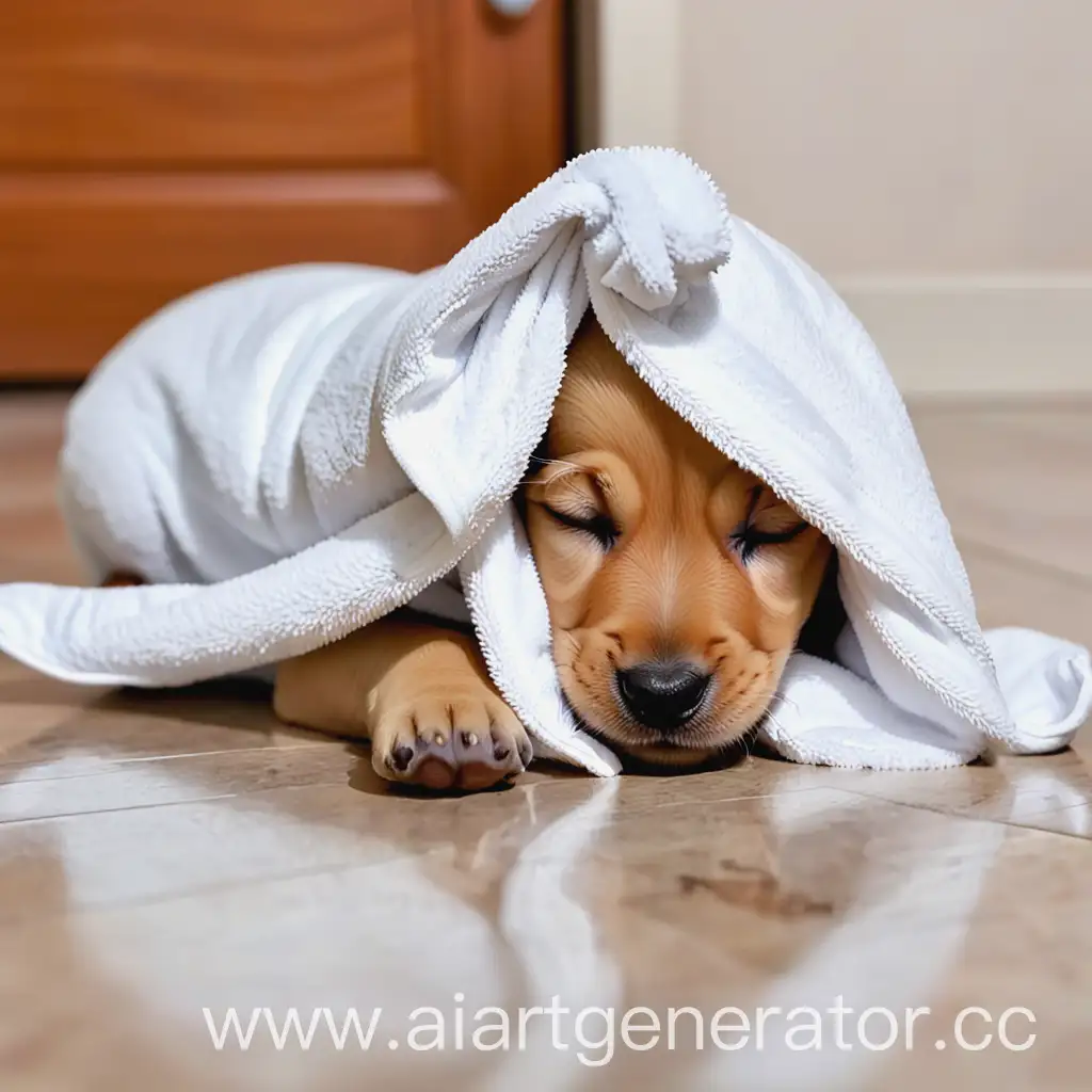 щенок в полотенце лежит на полу с закрытыми глазами
