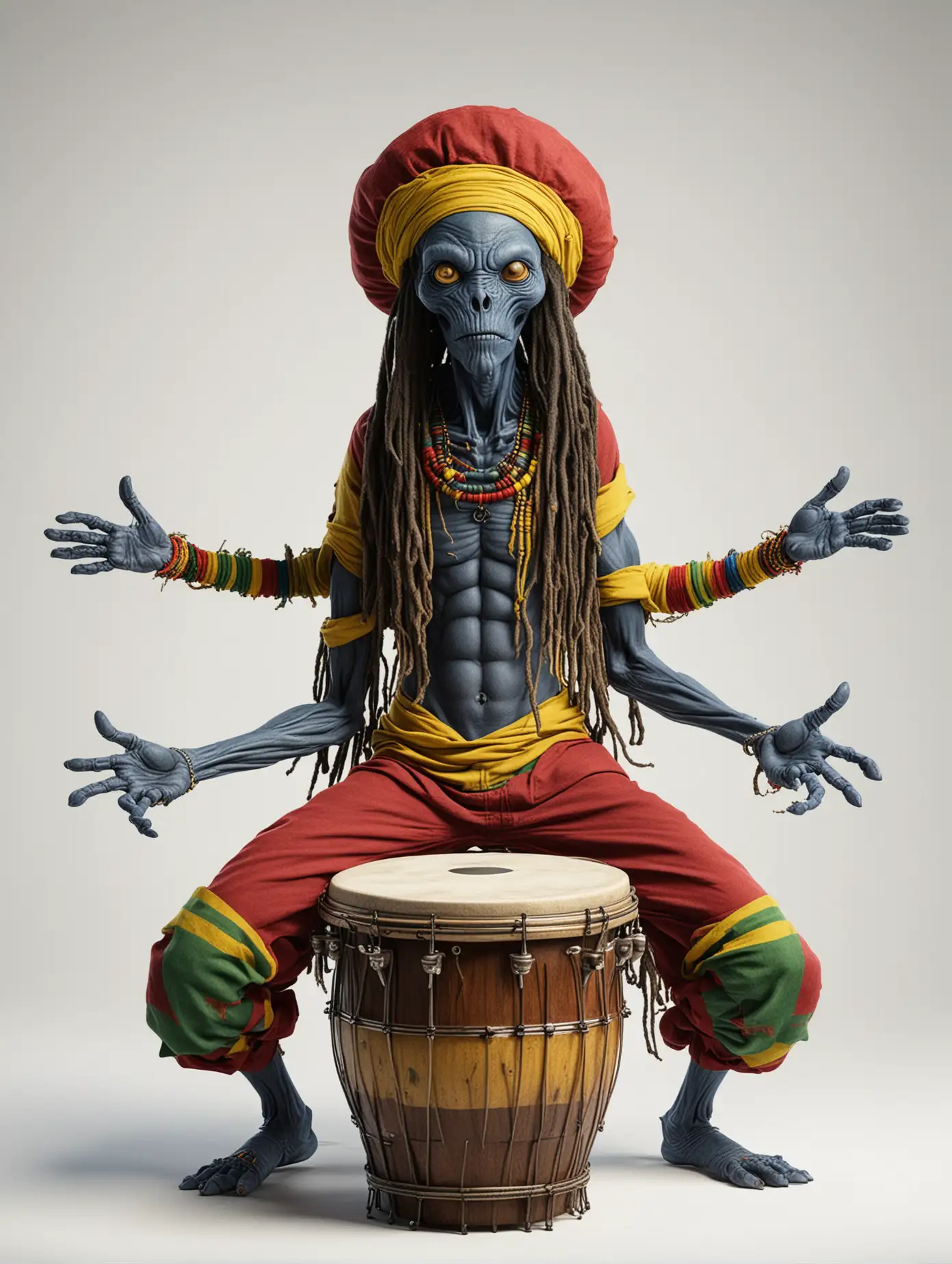 A rasta alien musician, body blue color, with eight arms, wearing colorful clothes, black, yellow, red, banging with all arms on a fantastic enormous drum-set, full figure, full view, blank white neutral background