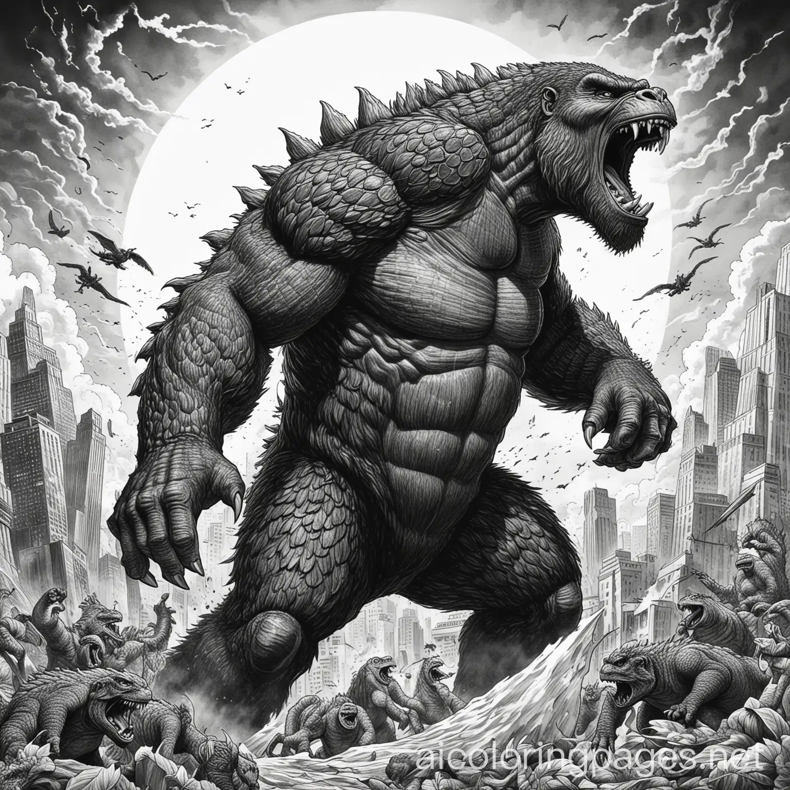king kong vs godzilla, Coloring Page, black and white, line art, white background, Simplicity, Ample White Space. The background of the coloring page is plain white to make it easy for young children to color within the lines. The outlines of all the subjects are easy to distinguish, making it simple for kids to color without too much difficulty
