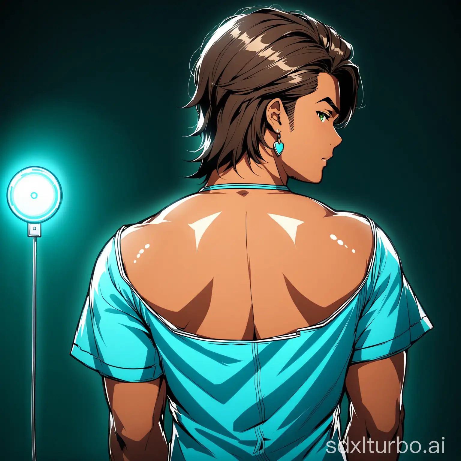 A tanned handsome chubby young man, mullet brown hair, green eyes, earrings, with blue nurse uniform, sensual posing, from behind, in a dark room
