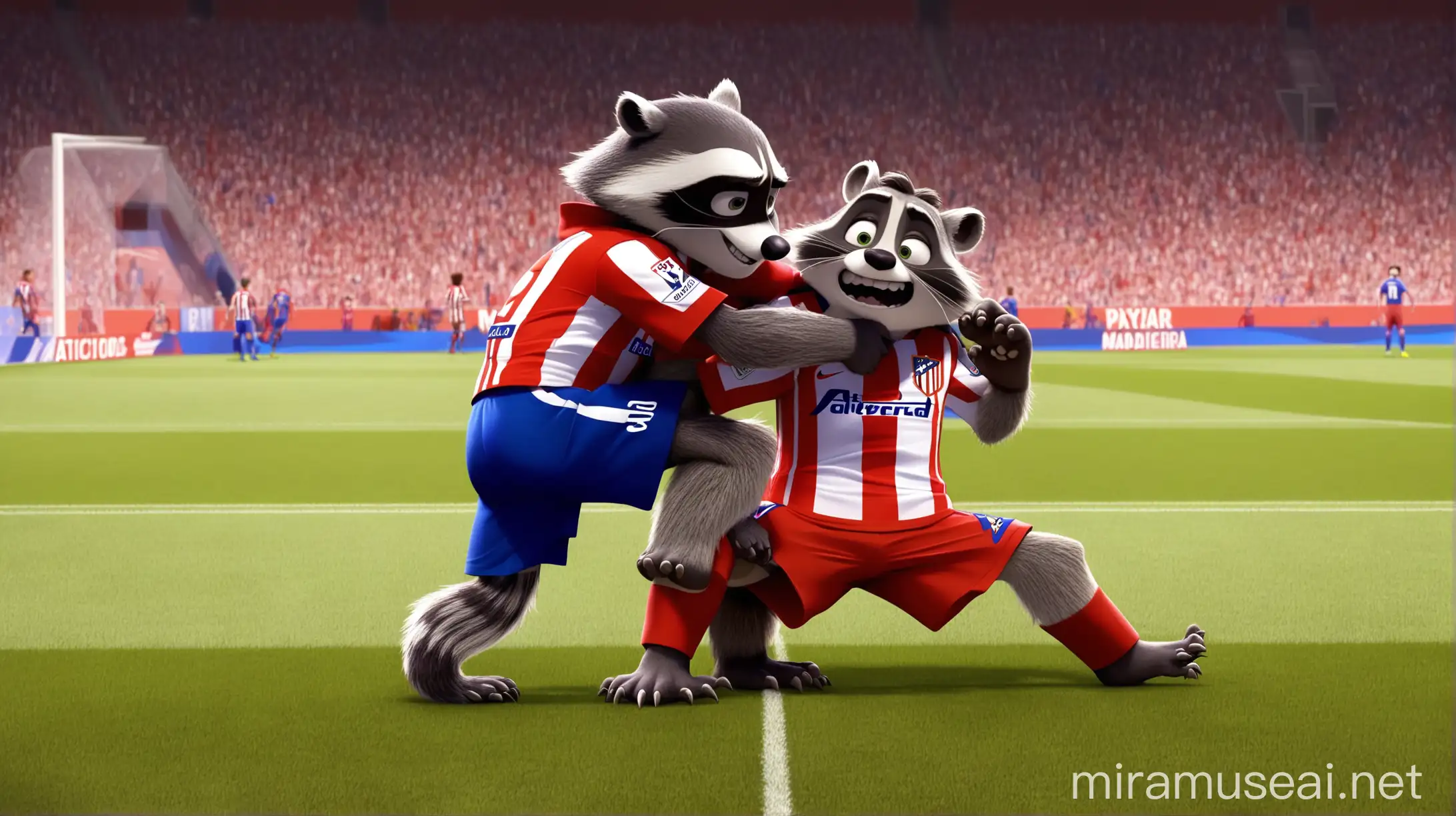 Playful Atletico de Madrid Soccer Raccoons Wrestling