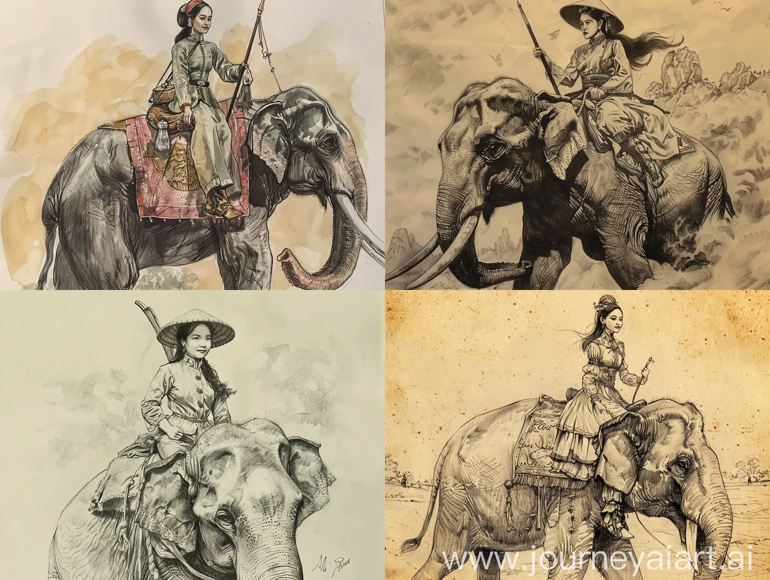 Drawing a historical image of female general Ba Trieu riding an elephant