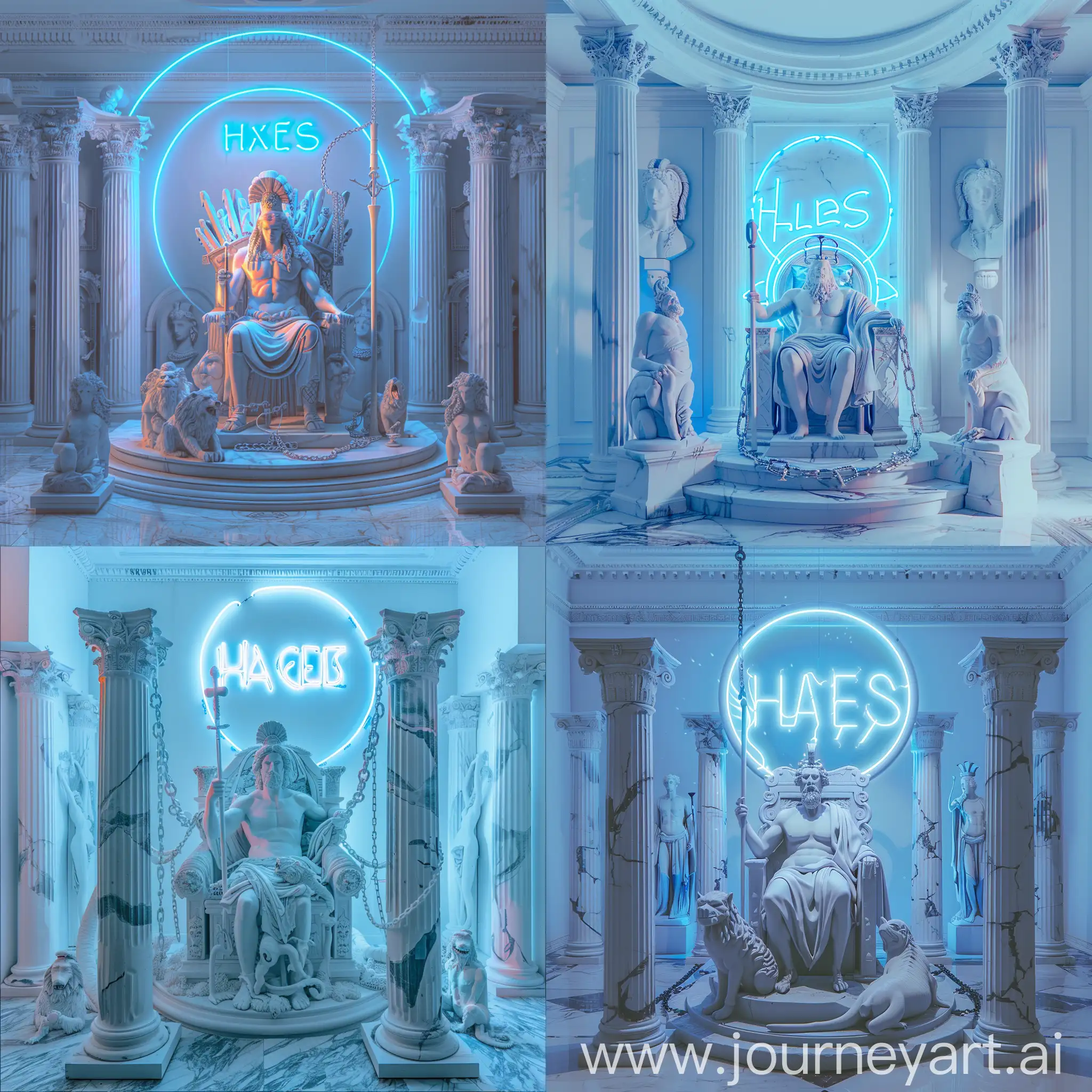 a room in which Hades sits on a throne. Everything is made of white marble. Hades has a staff in his right hand. In his left hand is a chain on which Cerberus is sitting. There are 2 pillars around Hades, which depict the faces of the stricken gods. Behind the throne of Hades, on the wall there is a huge neon inscription Hades, it is located in a circle of neon blue. Neon has a bluish tint
