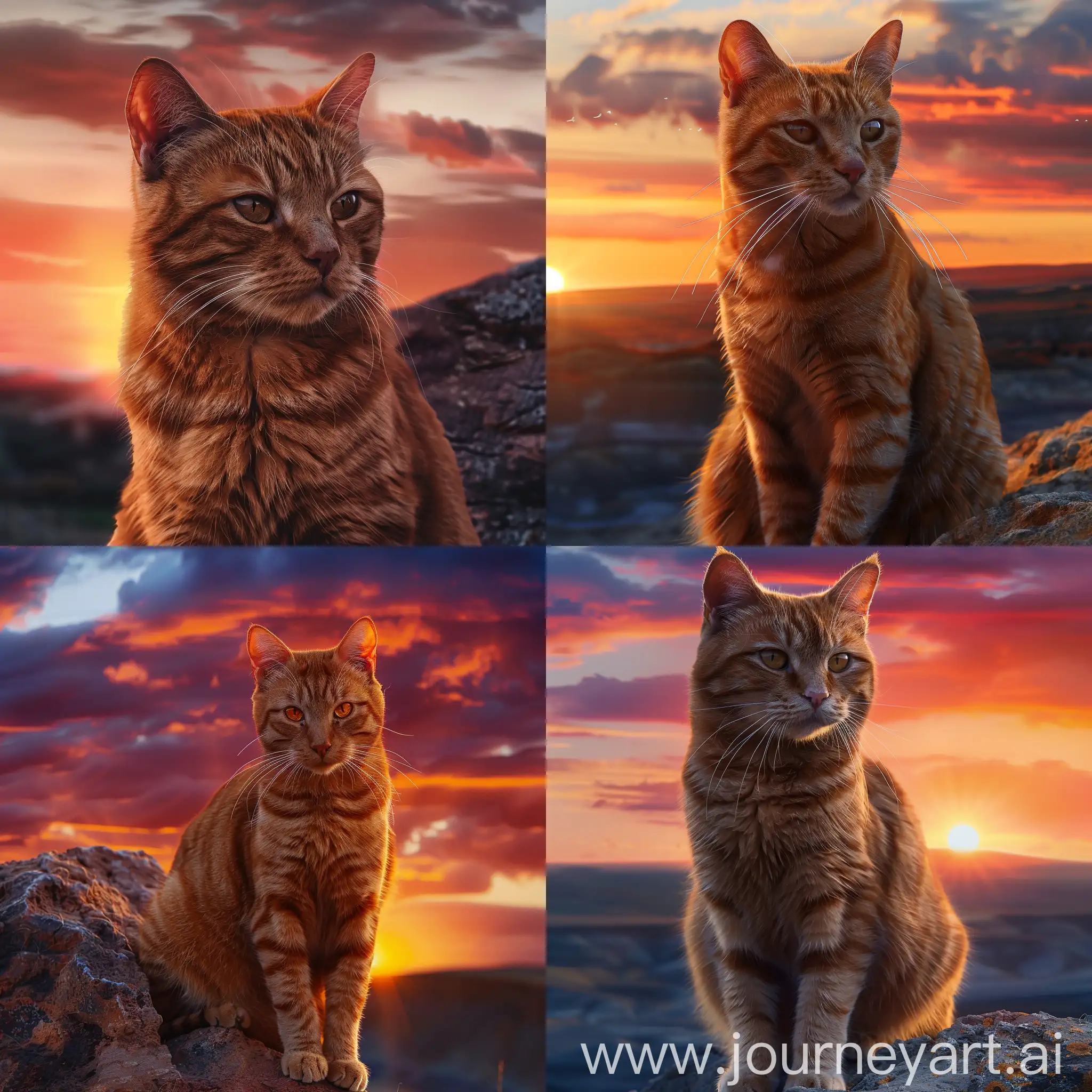 a highly detailed close-up photo of an orange tabby cat sitting on top of a mountain, sunset in the background, beautiful warm lighting, captivating expression, detailed fur texture, (best quality,4k,8k,highres,masterpiece:1.2),ultra-detailed,(realistic,photorealistic,photo-realistic:1.37),detailed landscape, dramatic sky, sun setting, vibrant orange and pink colors, (detailed cat face,detailed eyes,detailed nose and mouth:1.2),feline grace,serene atmosphere
