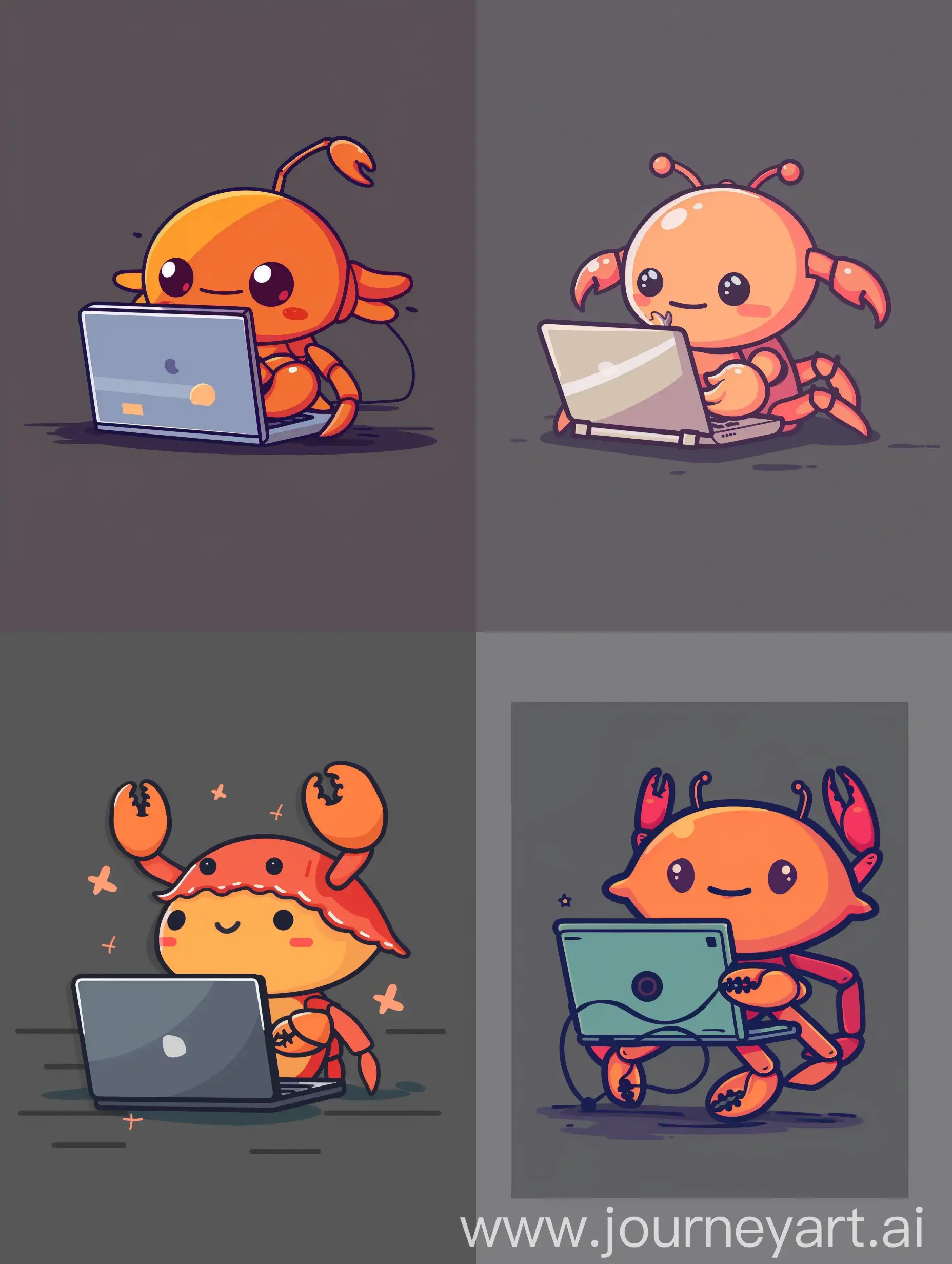 thin line style chibi cute crab playing laptop, with solid dark grey background, small object and center concentrated image, far view point