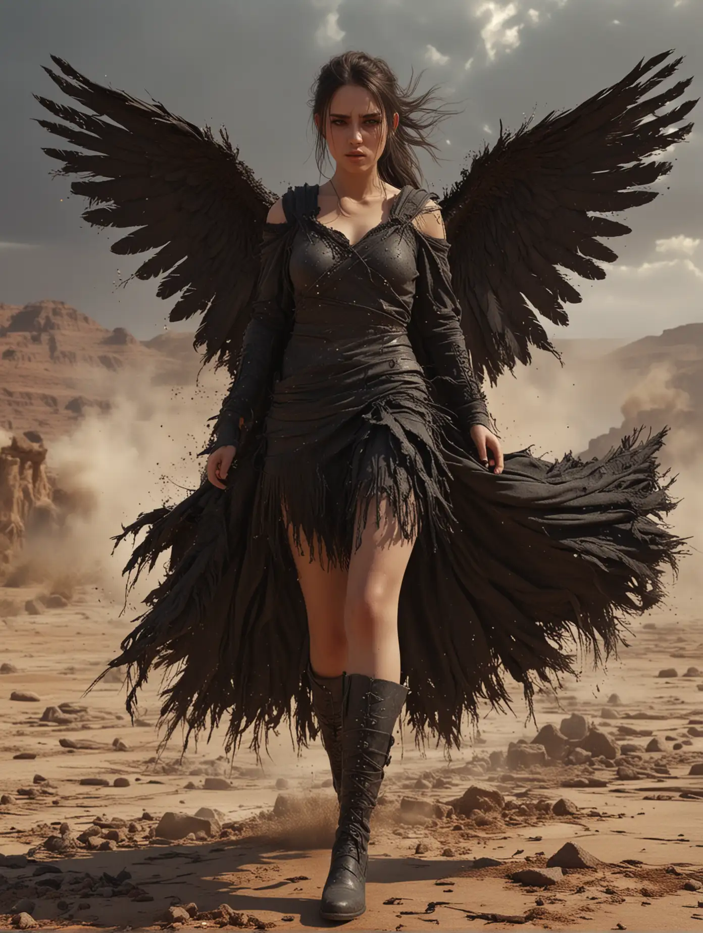 hyper realistic animation, beautiful angel female, very complex graphic design of a figure in shabby, dusty, torn and worn clothes, winged with black feathers on her back, clad in long flowing cloth, fierce fighting style, laced boots, eyes flaming, black pony tail hair, dusk in the barren desert, dust splashes, ground explosions, intense lightning strikes, splash, dynamic, UHDR, pointillism, surrealism.