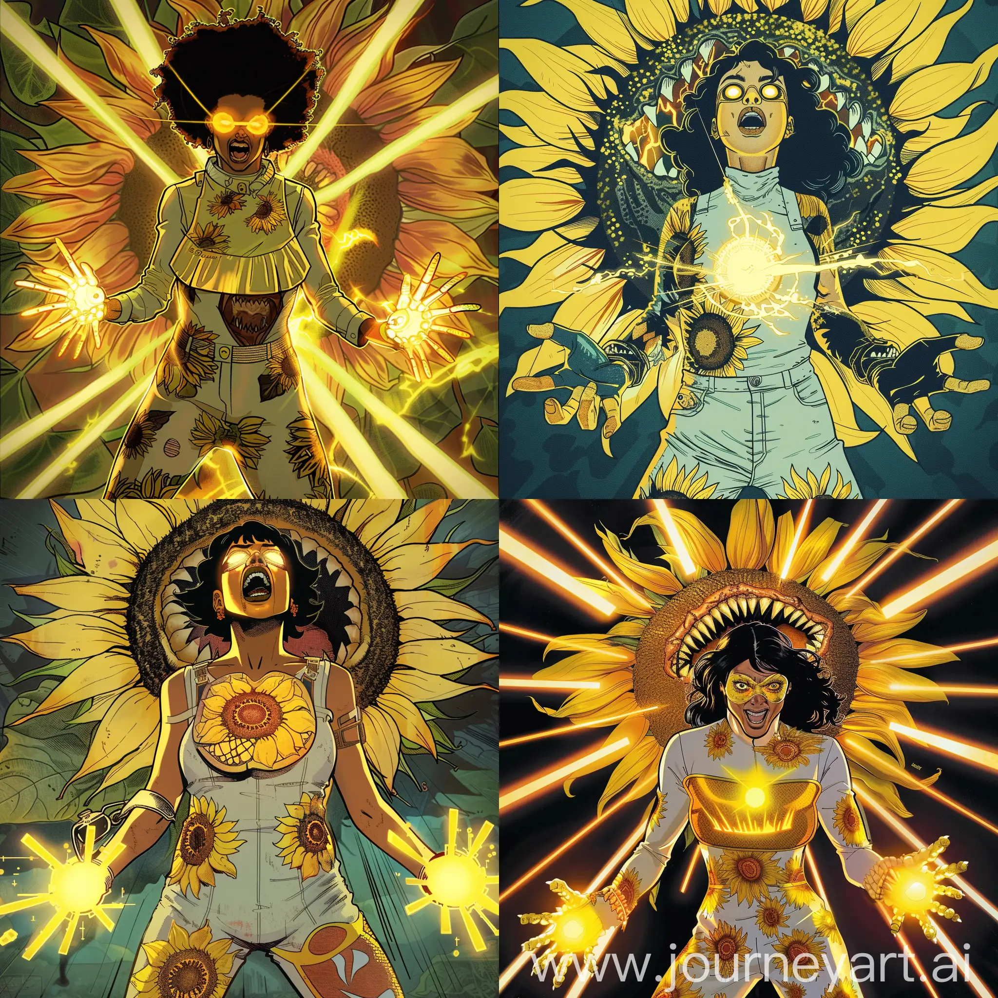 a woman dressed as a bib with sunflower designs on her jumpsuit, her hands and eyes emanating a yellow glow and behind her is a giant sunflower with a mouth and sharp teeth (she controls it in panel comic Marvel  comic style)