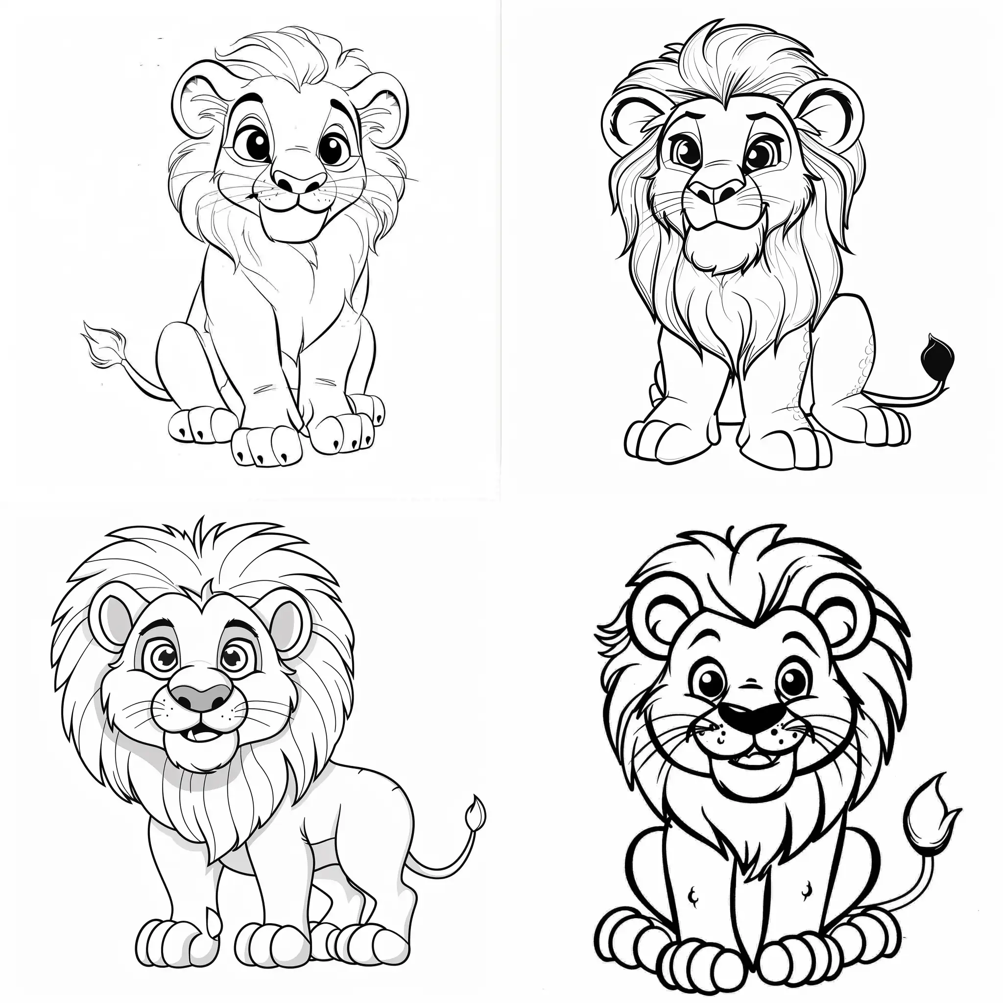 Dibuja un león que sea lindo y sencillo para libro de colorear de niños pequeños, sin escalas de grises en una hoja blanca con fondo liso sin dibujos. el león debe ser de aspecto agradable y amigable.