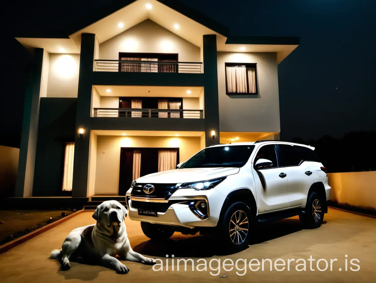 in a indian concrete house and a dog is sitting infront of the house . a white toyota fortuner is infront of the house ,it is nigh time a lot of lights are there 