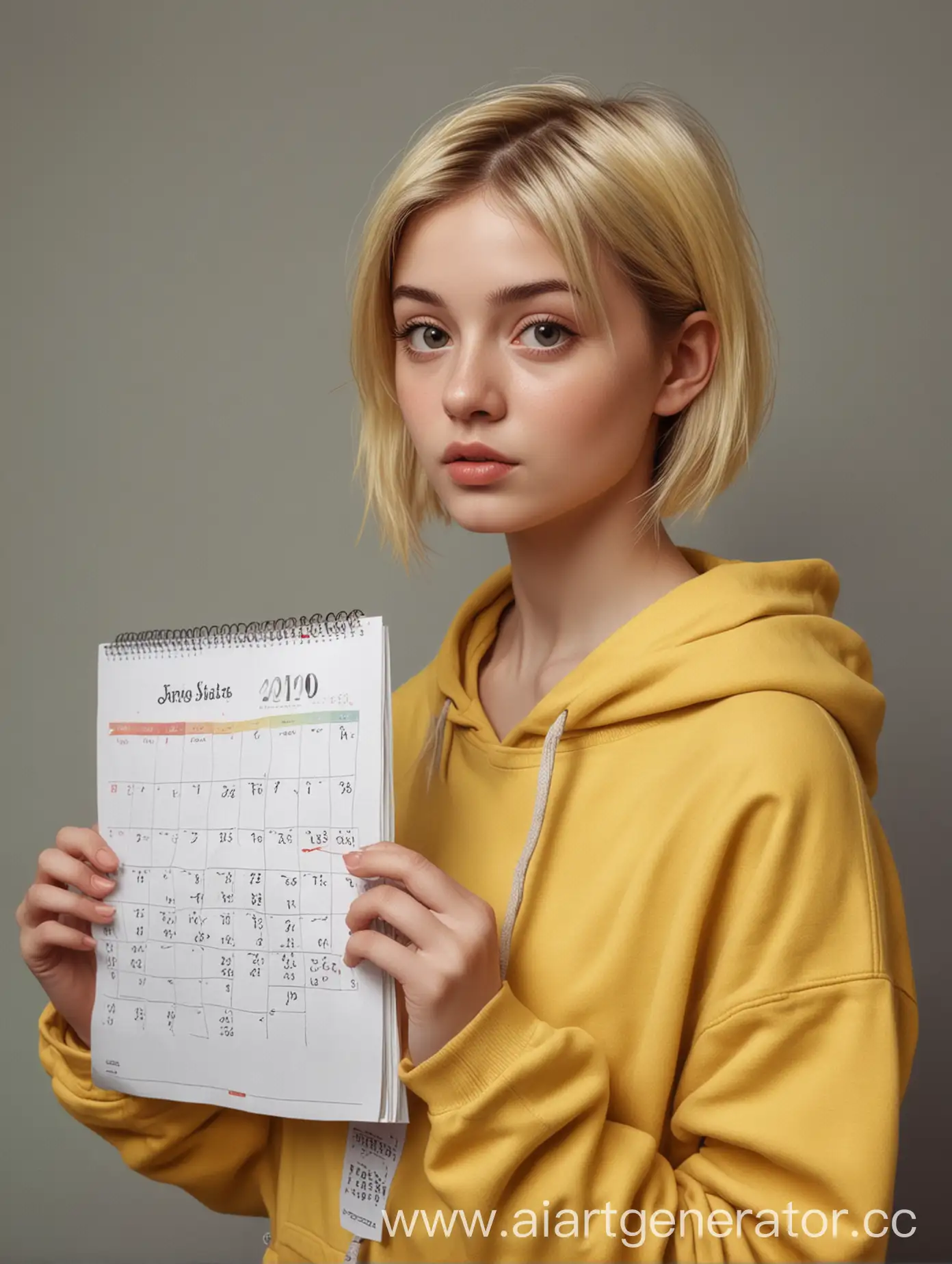 Девушка в желтой толстовке держит в руках календарь, короткие волосы, реализм
