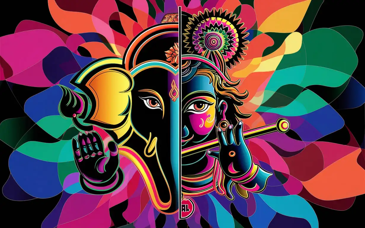 Abstract Art Bal Ganesha with Trishul and Gopal with Flute on Multicolor Background