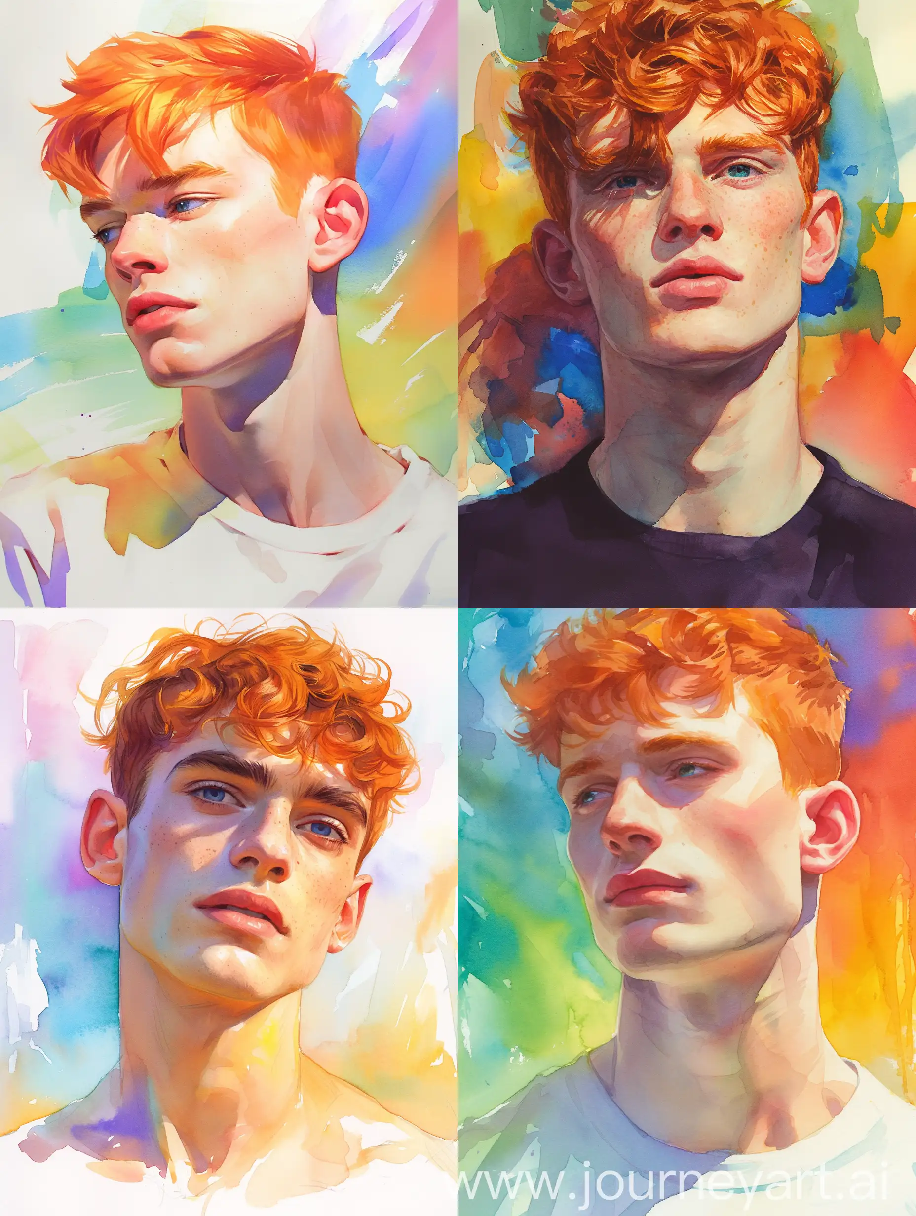 Vibrant-Watercolor-Portrait-Short-Orange-Hair-on-Multicolored-Background