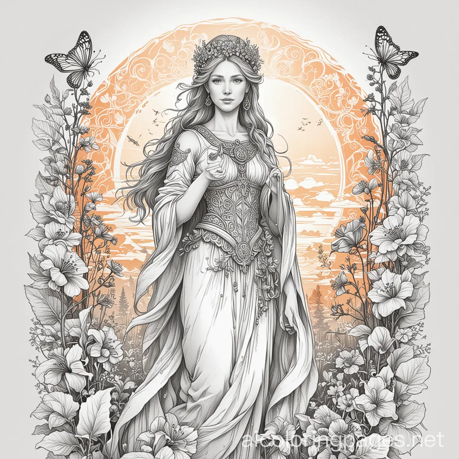 Create a dynamic tall vector image of Finnish goddess Paivatar standing in front of a radiant sunrise. Blooming flowers and vines with honeybees, and the sunlight is fiery. Traditional Finnish art style. Black and white outline on white background. Dynamic and beautiful style. Symbols, animals, and plants associated with her. High detail and crisp outlines. Fantasy illustration., Coloring Page, black and white, line art, white background, Simplicity, Ample White Space. The background of the coloring page is plain white to make it easy for young children to color within the lines. The outlines of all the subjects are easy to distinguish, making it simple for kids to color without too much difficulty