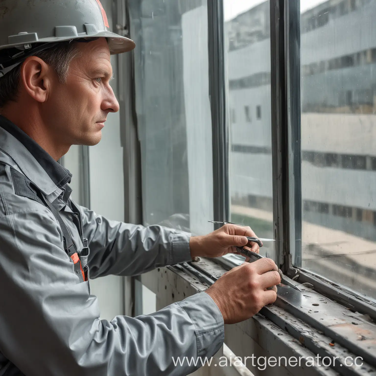 Инженер по метало конструкии проверяет уплотнители окна