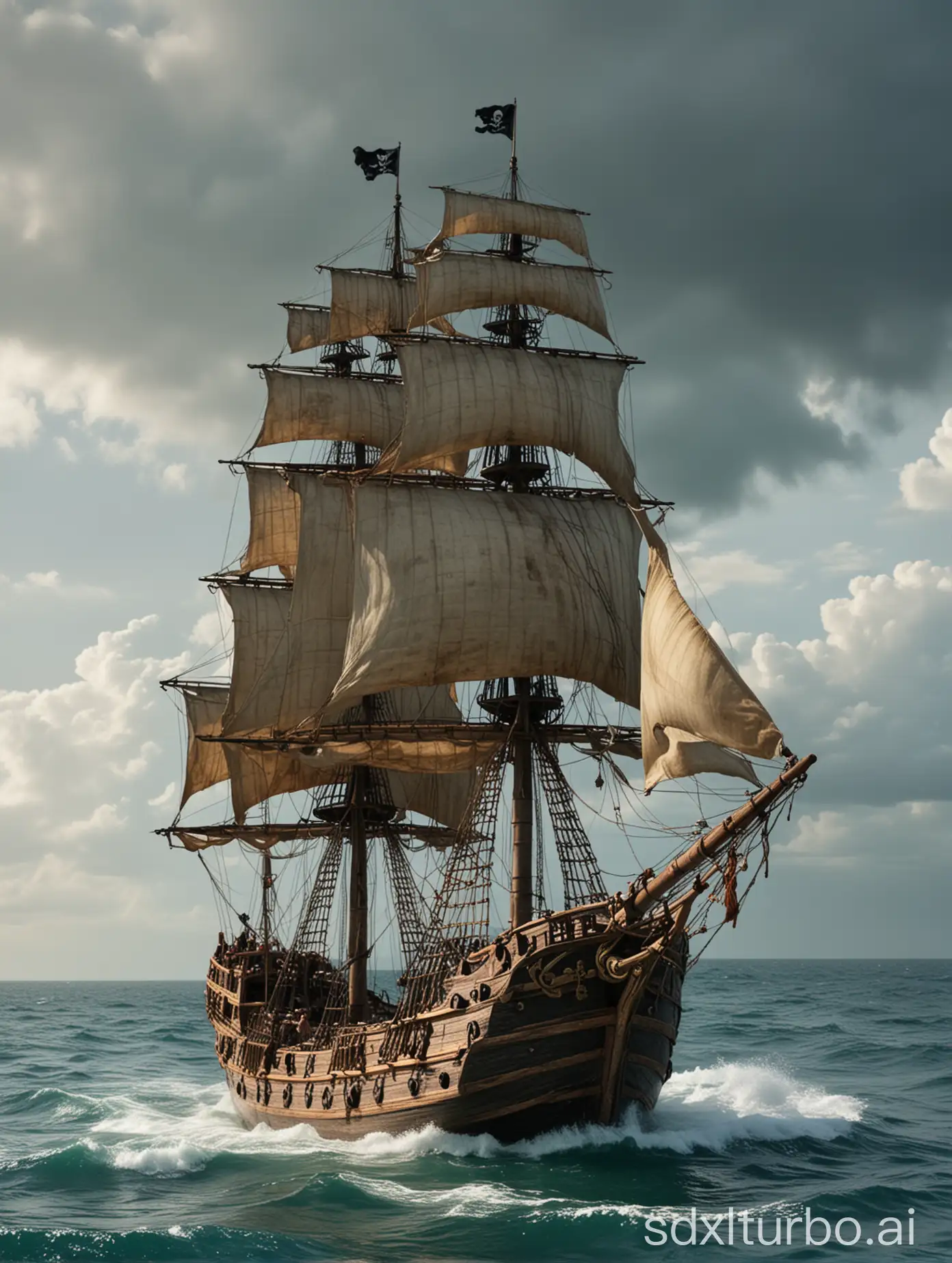 a pirate ship sails on the ocean