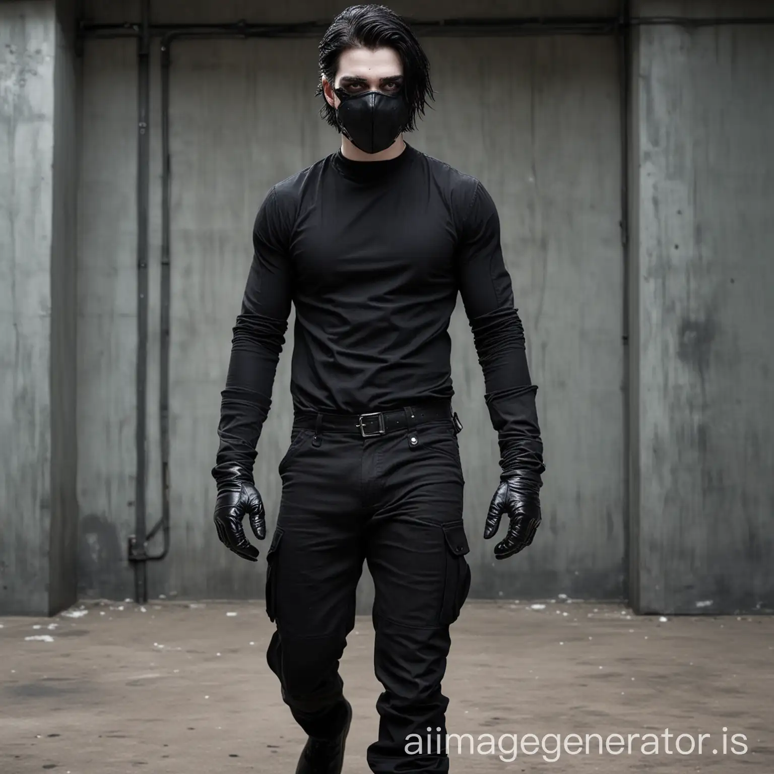 Guy with white skin, dark hair, black cargo pants, black blouse, black gloves, metallic mask