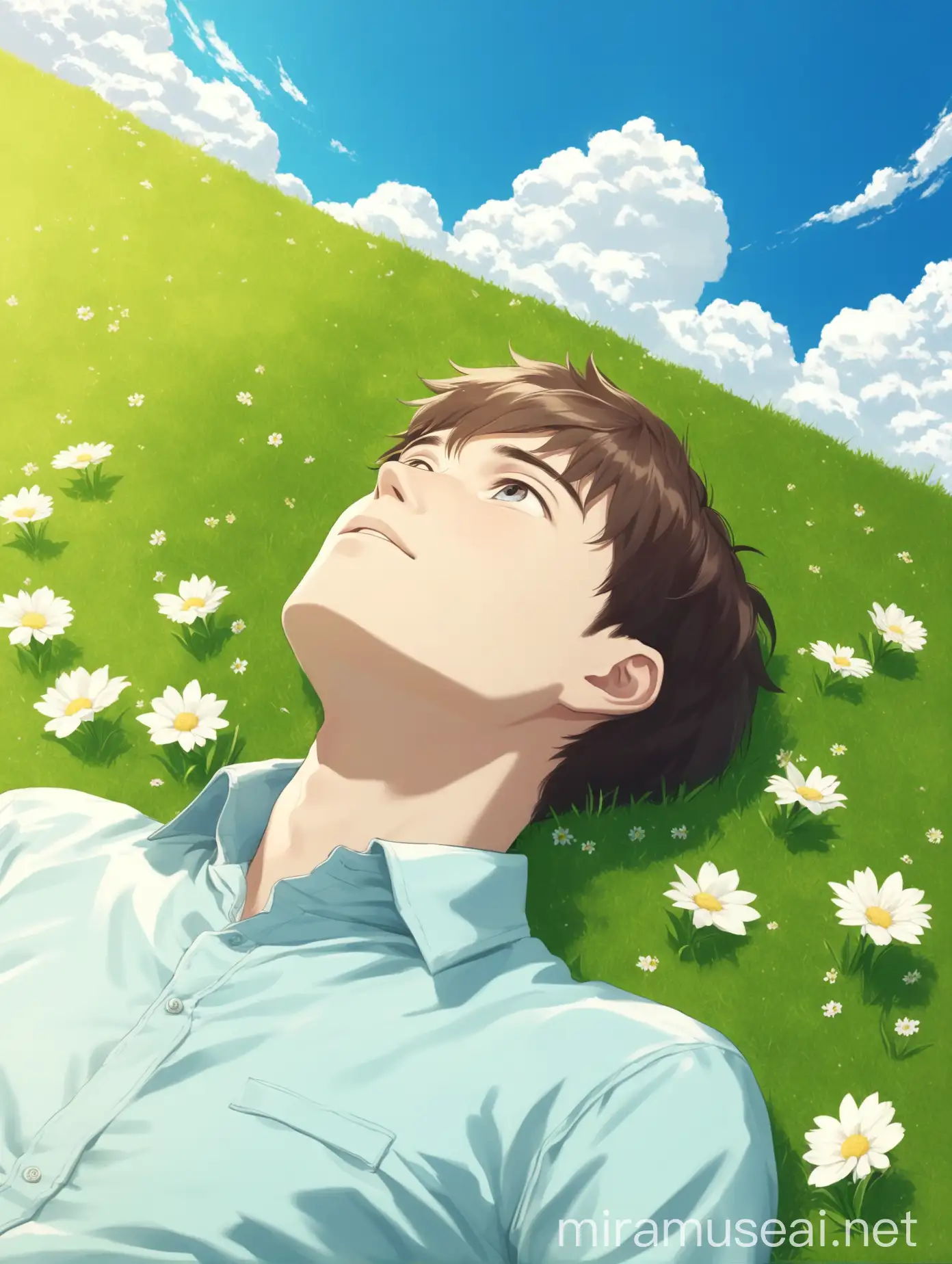 一个男青年慵懒地睡在春天的草地上，看向蓝天白云