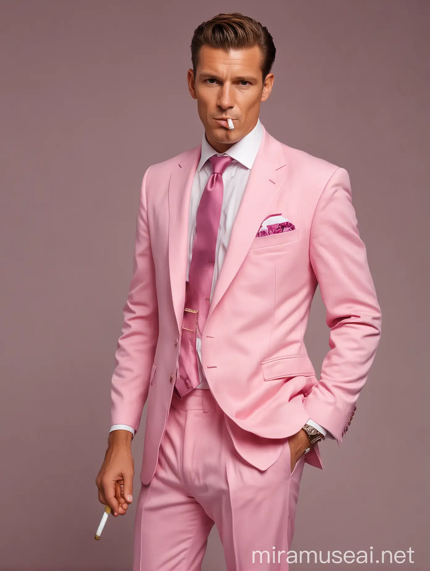Мужчина лет 40, короткими волосами зачесанными назад, с сигаретой в руке. Одет в темно розовый пиджак, светло-розовую рубашку и такой же галстук. Белые брюки и туфли. 