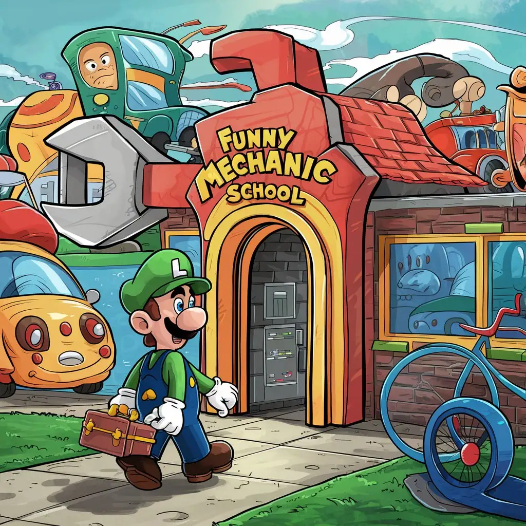 Luigi going to a school called Funny mechanic school