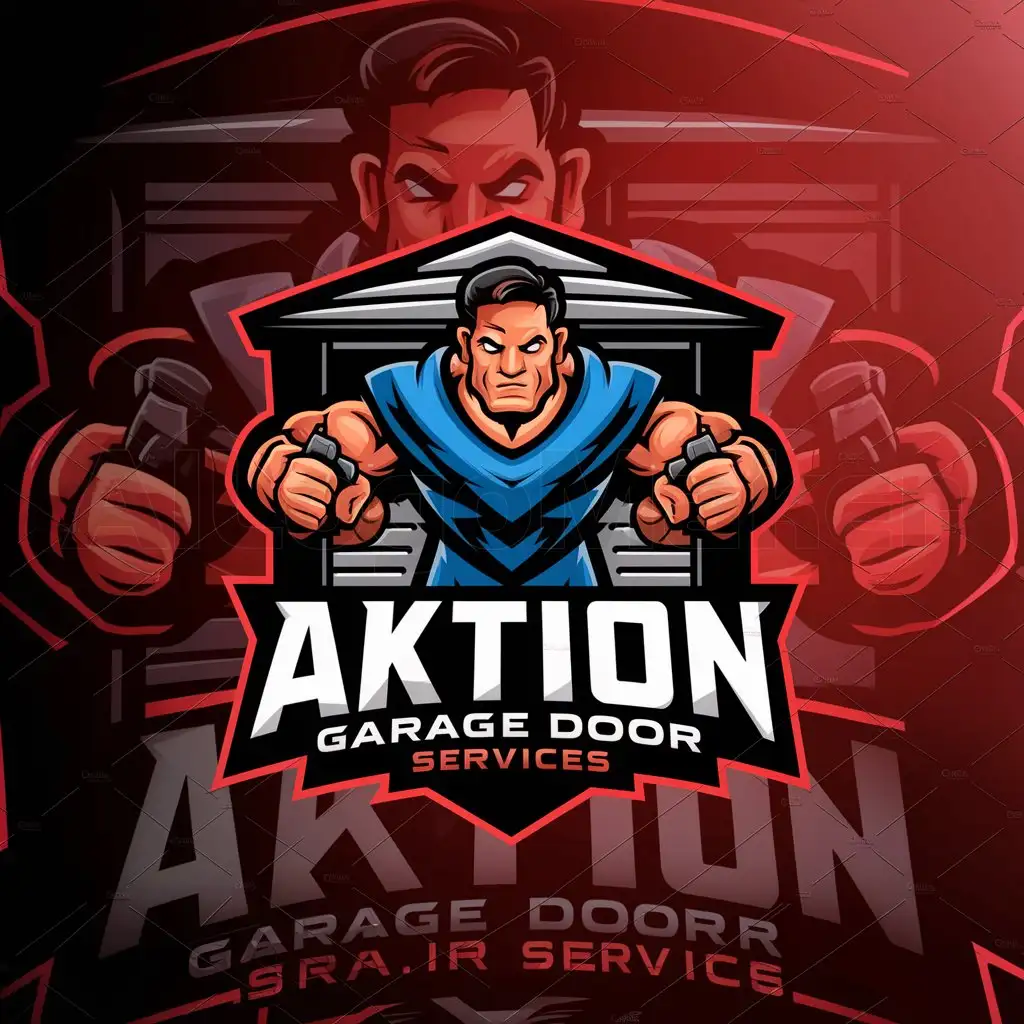 a logo design,with the text "Aktion", main symbol:[Image of a muscular mascot who repairs garage door services in action position coming out of the garage door holding tools in hands, reminiscent of hardworking people.. The mascot is outlined in bold black lines with blue as a dress color for the service man. Behind the mascot, there's a gradient background blending dark red and black, symbolizing intensity and strength. The word 'Aktion' is written in bold, stylized letters below the mascot, with sharp edges and a slight slant to convey power and aggression and under 'Aktion' ' Garage Door Services' is written.],Moderate,be used in Others industry,clear background