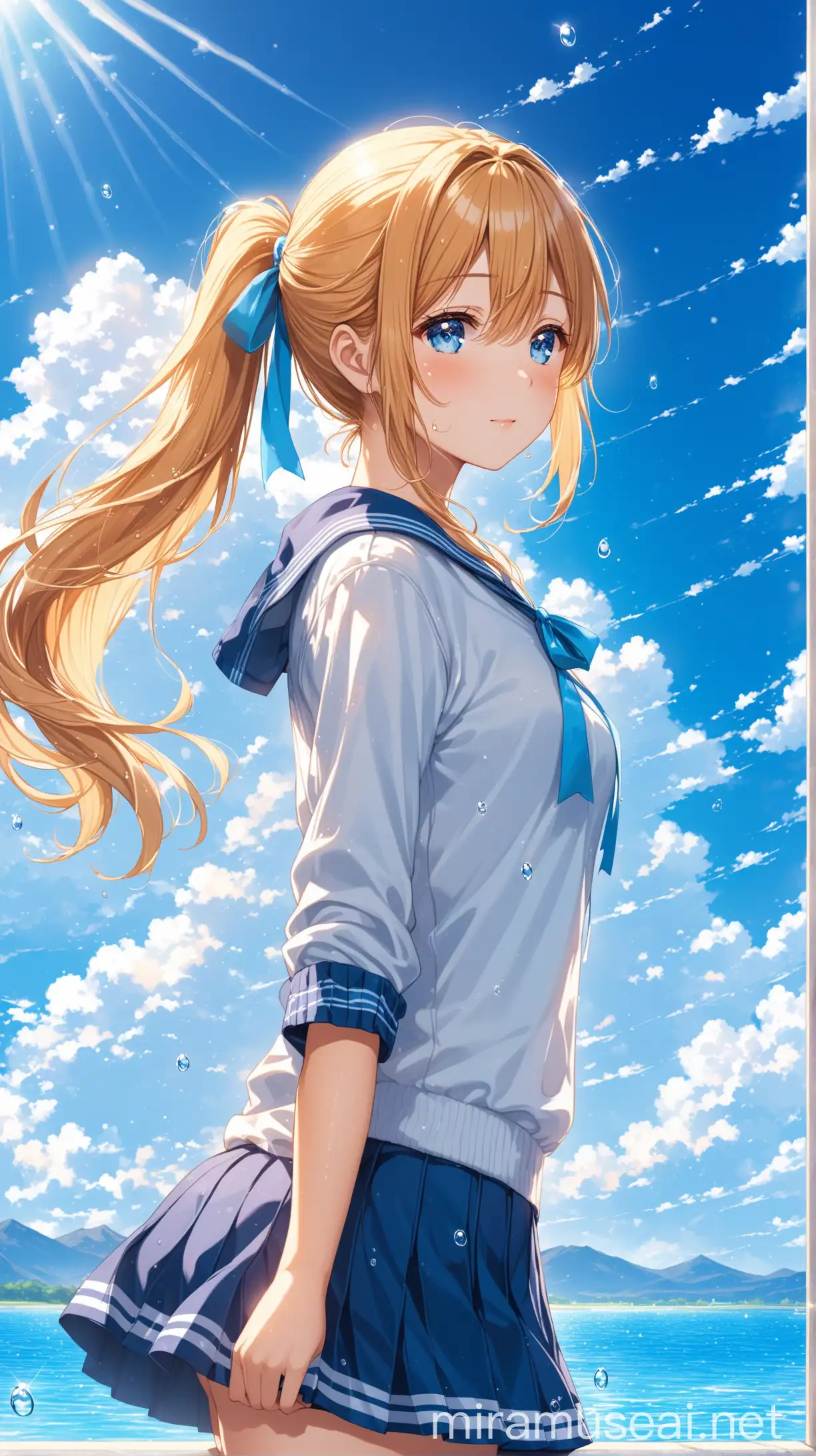 A beautiful high school girl watching the bright blue sky, her eyes sparkling blue, wearing a ribbon ponytail, short skirt, clouds shining, warm winds, water drops 