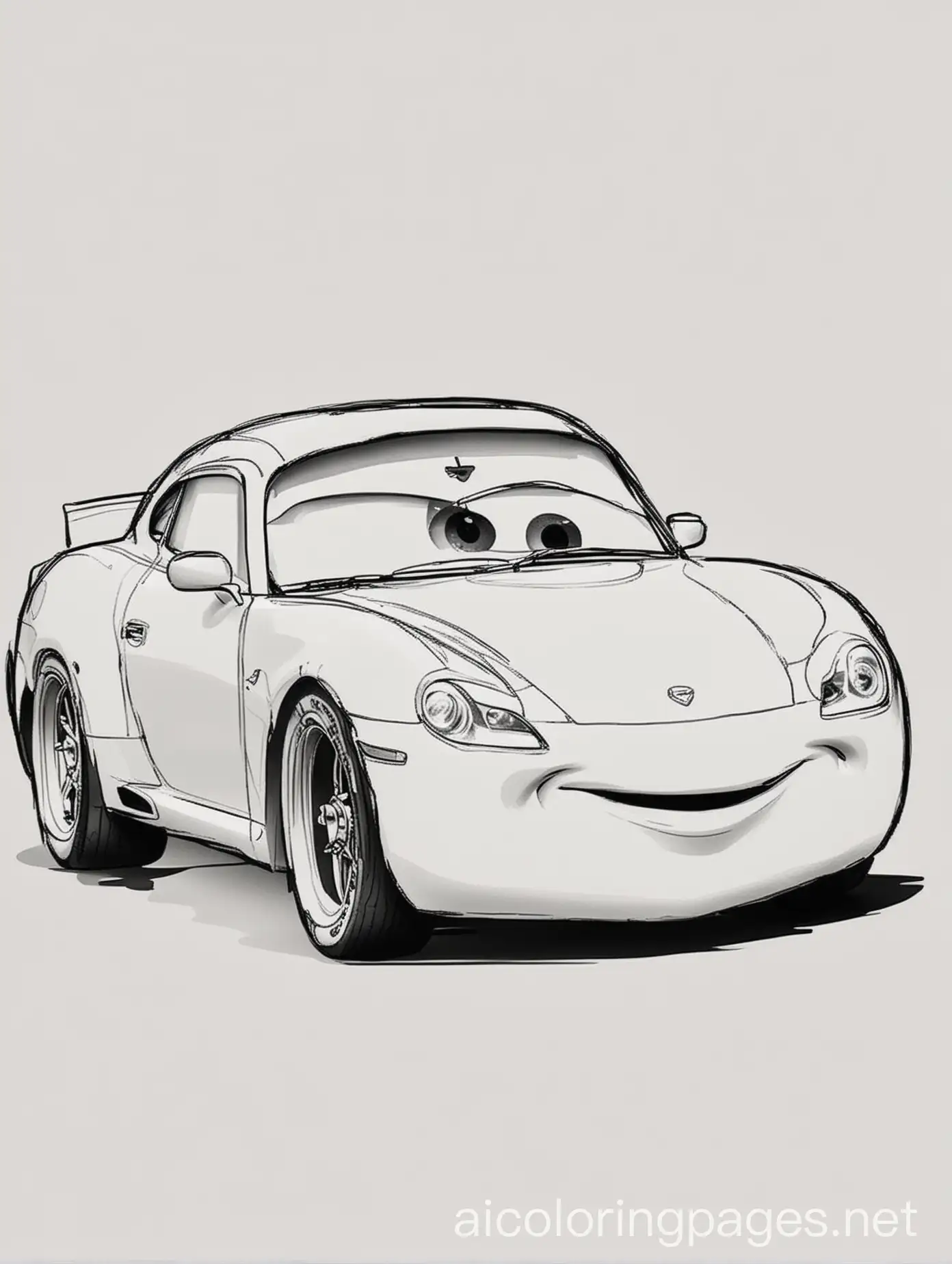 Uncolored simple car from Cars movie, Coloring Page, black and white, line art, white background, Simplicity, Ample White Space. The background of the coloring page is plain white to make it easy for young children to color within the lines. The outlines of all the subjects are easy to distinguish, making it simple for kids to color without too much difficulty