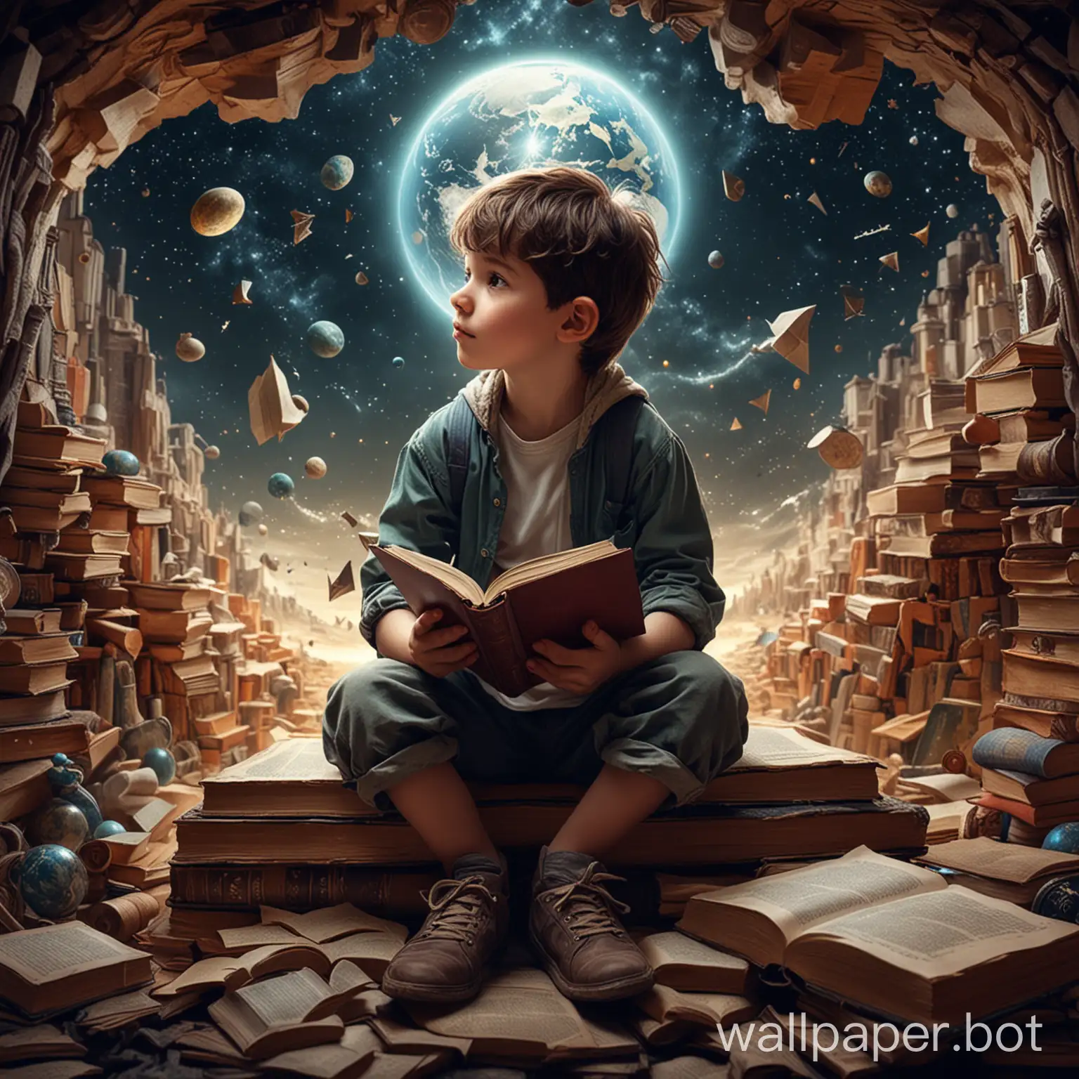 A boy sits on a book, wandering in the world of knowledge