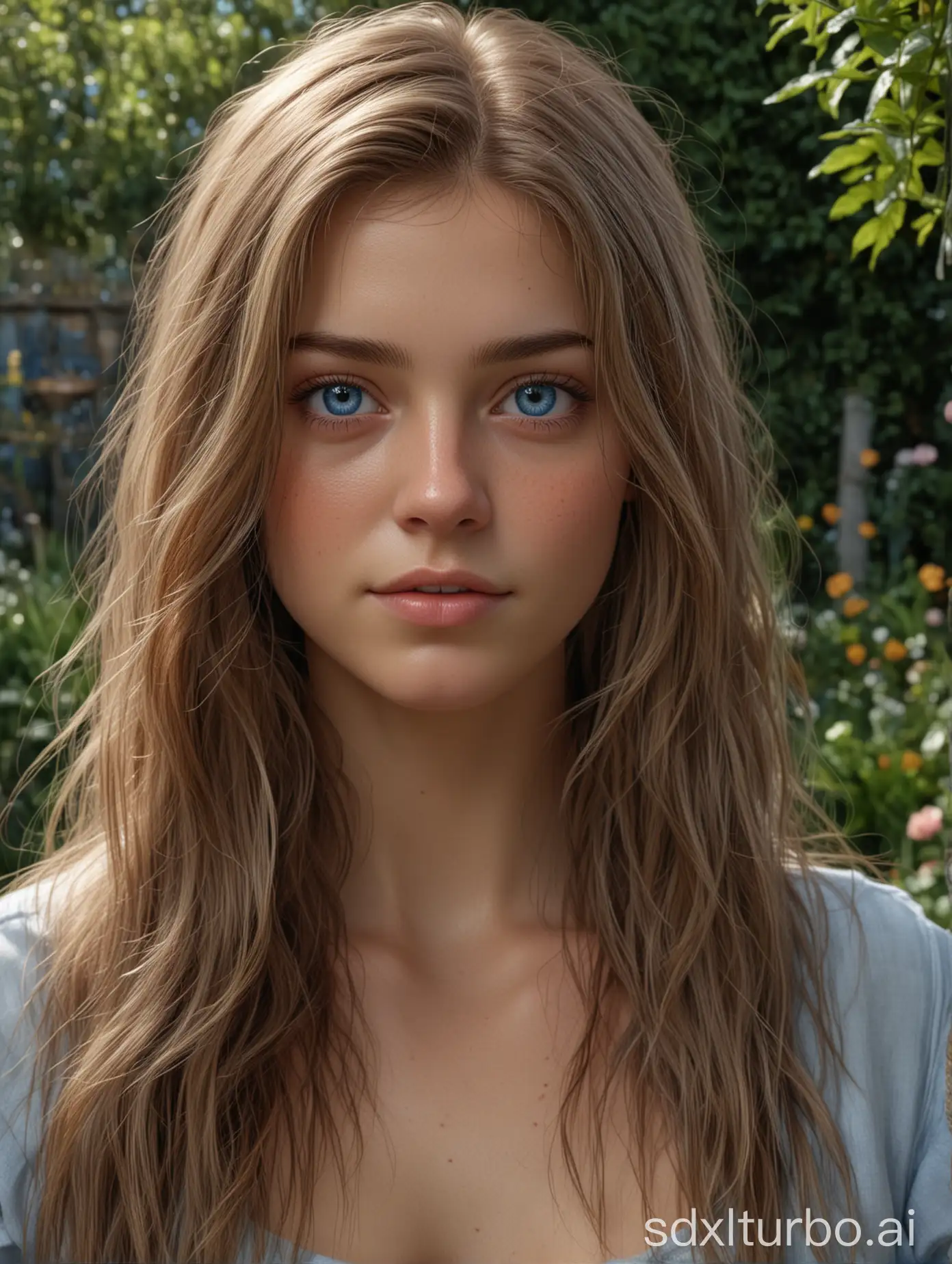 masterpiece, best quality, ultra-detailed, ultra high res, (photorealistic:1.4), raw photo, (realistic:0.2), 8k HDR, realistic lighting, one girl, solo, looking at viewer, asymmetrical long hair, (detailed oily skin), blue eyes, (detailed face), (garden background :1.1), (upper body:1.2),LoRA,1Girl