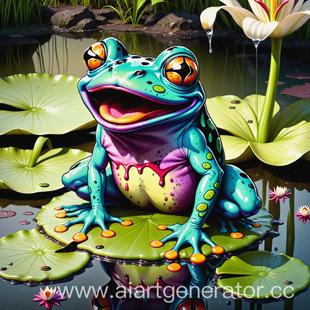 cartoon drawing of venomous frog with bright colors and venomous saliva dripping from his mouth while sitting on a Lilly pad in a grungy looking pond
