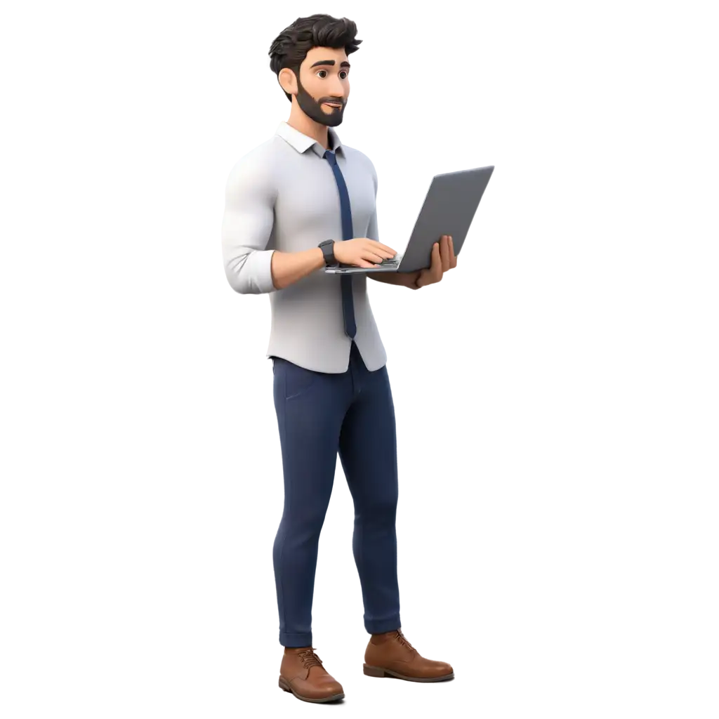 3D PROFESSIONAL MAN STANDING HOLDING A LAPTOP IN HIS HANDS THINKING ABOUT SOMETHING