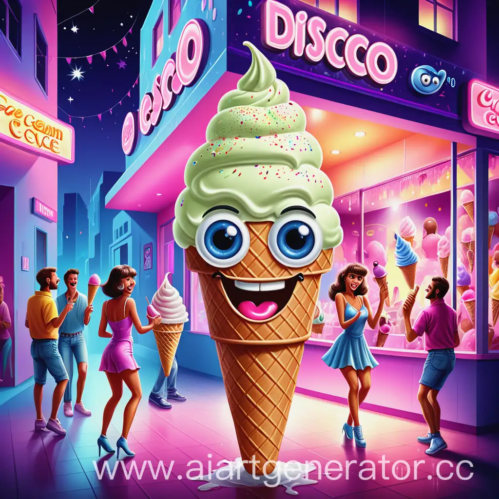 мороженое с глазами и улыбкой, стиль 1990-2000, дискотека внутри здания с танцующими людьми, ночь
