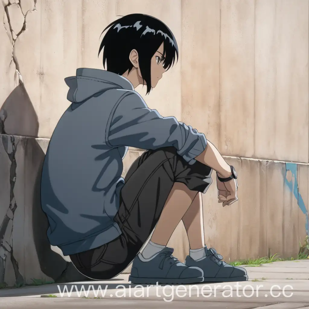 Contemplative-Anime-Boy-with-Black-Hair-Leaning-Against-Wall