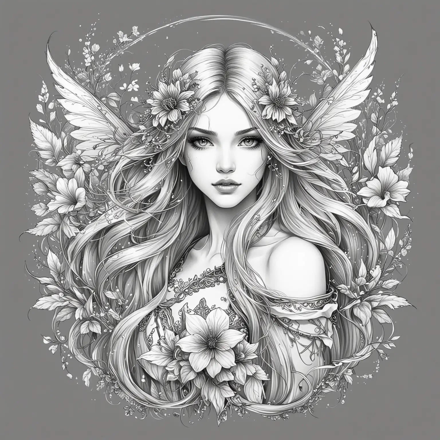 drawing outline fairy warrior long hair with flowers, black and white