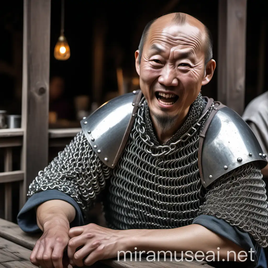 Balding Chinese Man in Chain Mail at Tavern Making Funny Face