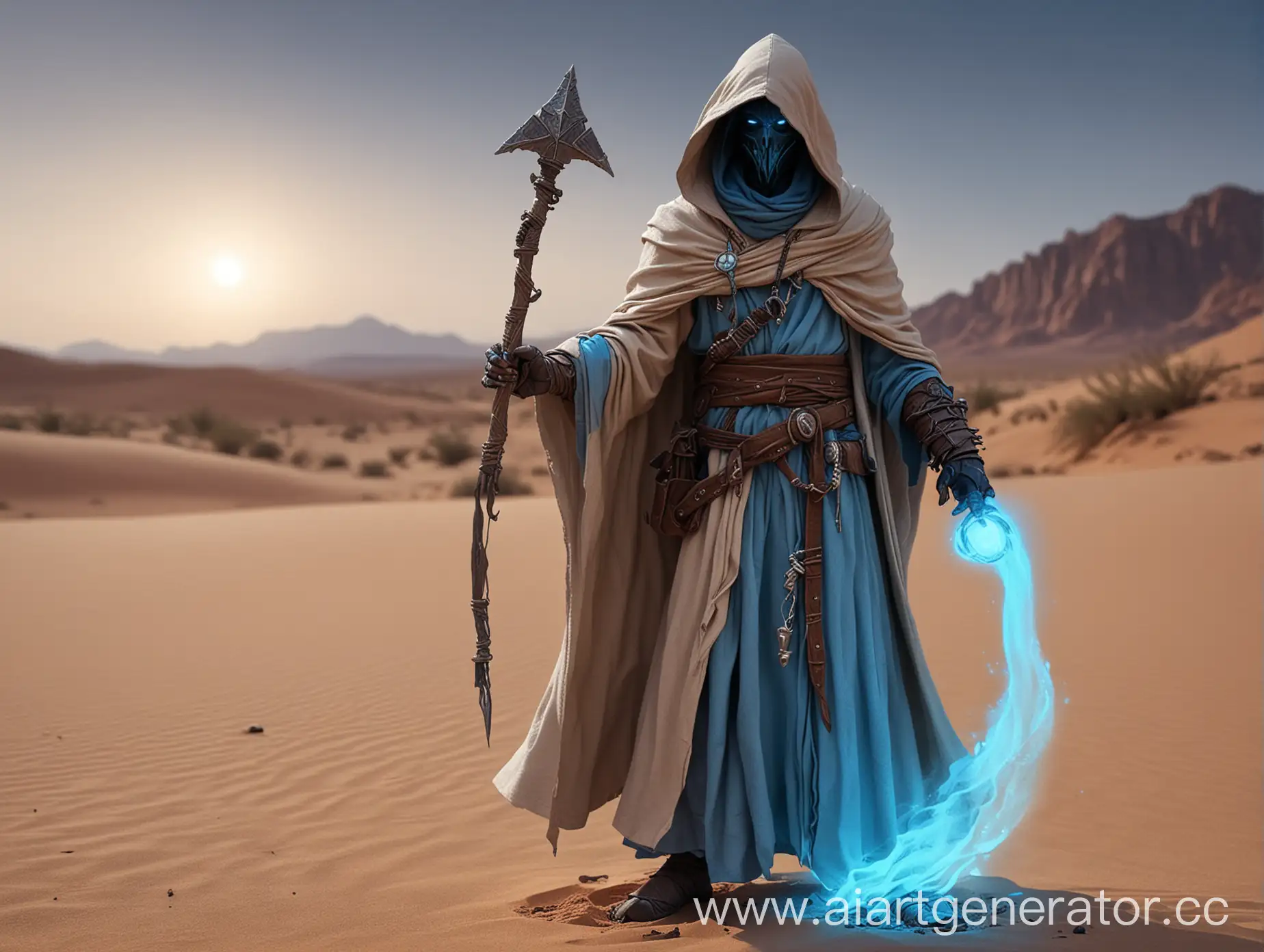 Kenku D&D, the priest of deception, beige hooded cloak, iron simbol in his hand, blue glow, in the desert, fantasy theme