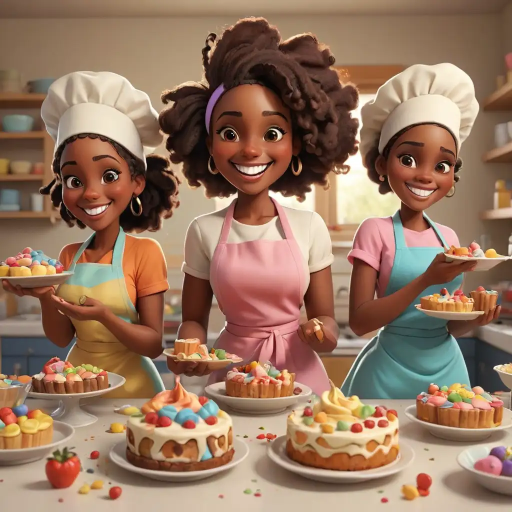 defined 3D Cartoon-style African American women baking colorful desserts smiling