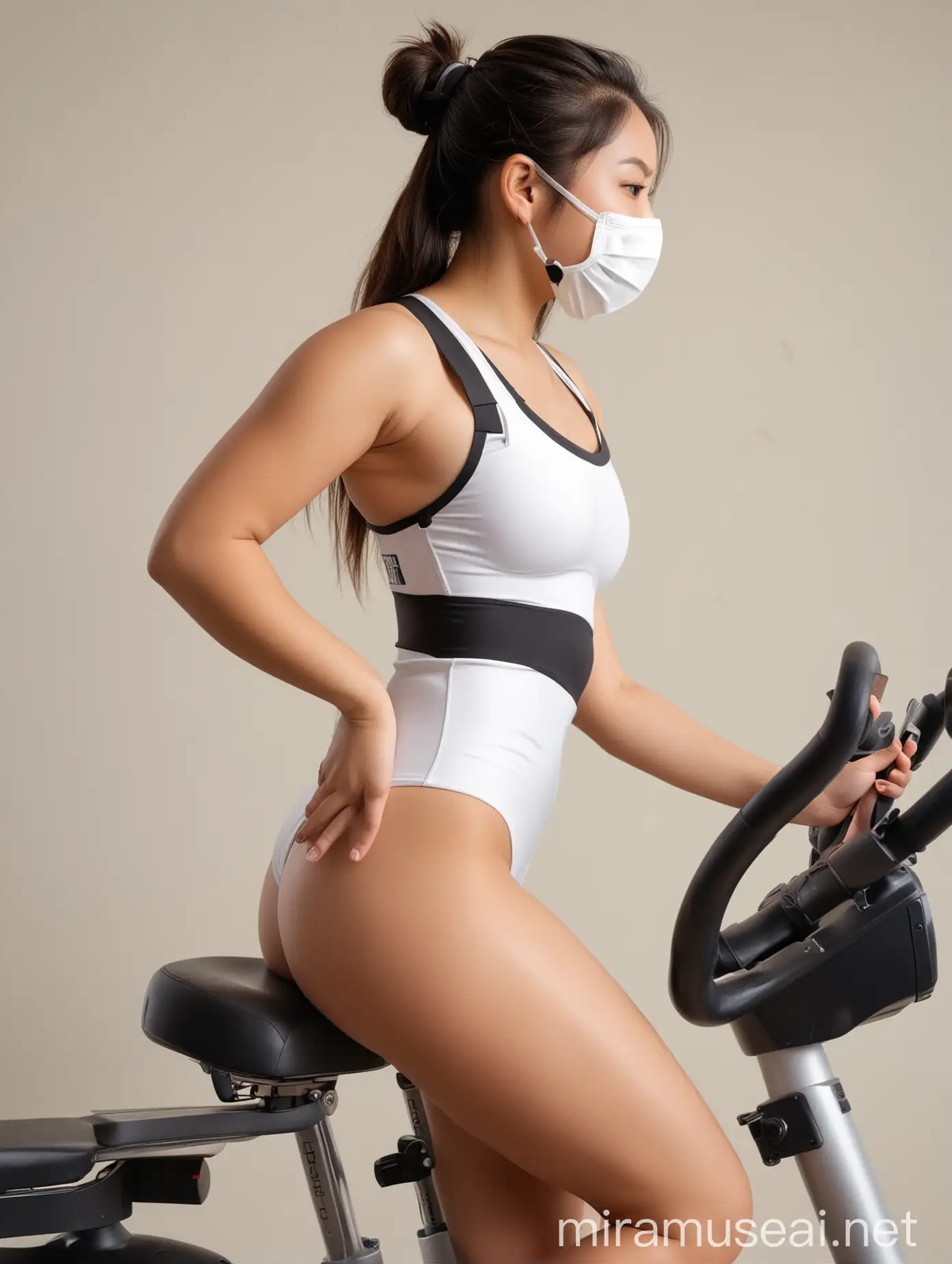 side view, a cute, full-bodied, large butt, buxom, college-aged, chinese-american girl, in a respirator mask, on an exercise bike, in a sexy sporty white with black trim french cut swimsuit