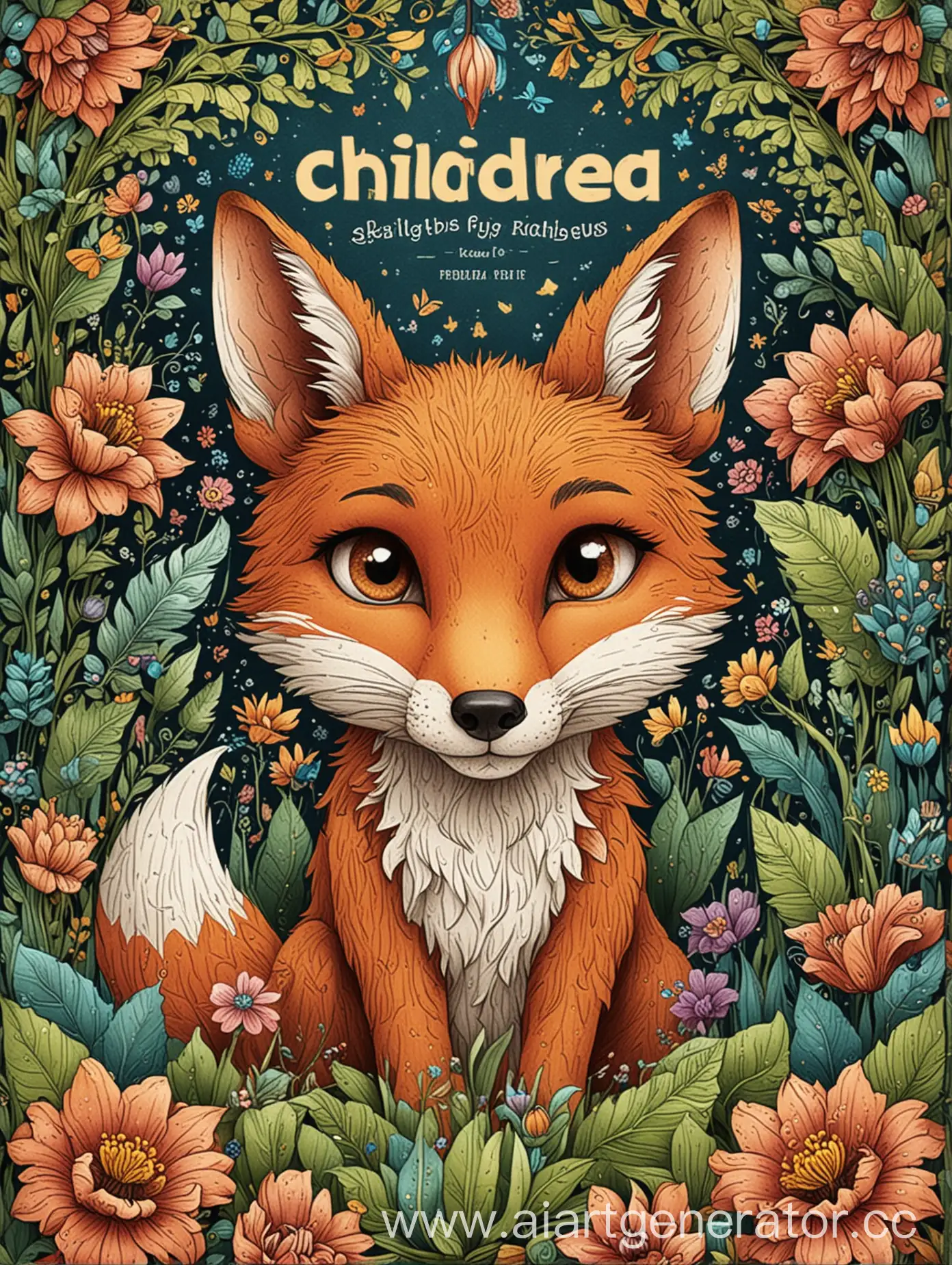 Create a coloring book cover for children. In the center of the cover should be an image of a little fox with big eyes and a playful facial expression. Around the fox, there should be intricate patterns and elements suitable for coloring, such as flowers, trees, butterflies, and rainbows. The background of the cover should be minimalist. The title of the book "Coloring Book for Children" should be written in large and attractive font at the top of the cover.