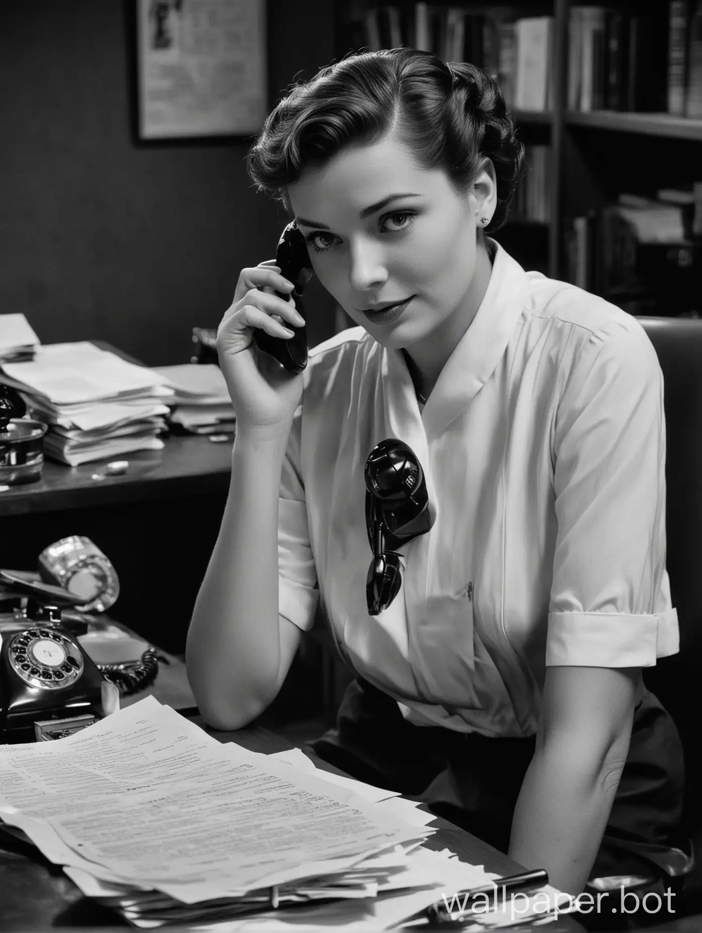 Vintage black and white photograph of an elegant woman from the 1950s at her desk, talking to someone over the phone in a front view. She is wearing a simple dress with short hair tied back, facing forward directly at the camera. The scene captures candid moments during work as she has one hand holding the telephone aerial while her other hand is busy working behind the office table. In the table there is a seafood cocktail and a manu paper spilled with a little sause. Her expression reflects focus or attention while watching something. Black background. Shot in the style of 'Super stock' photography.