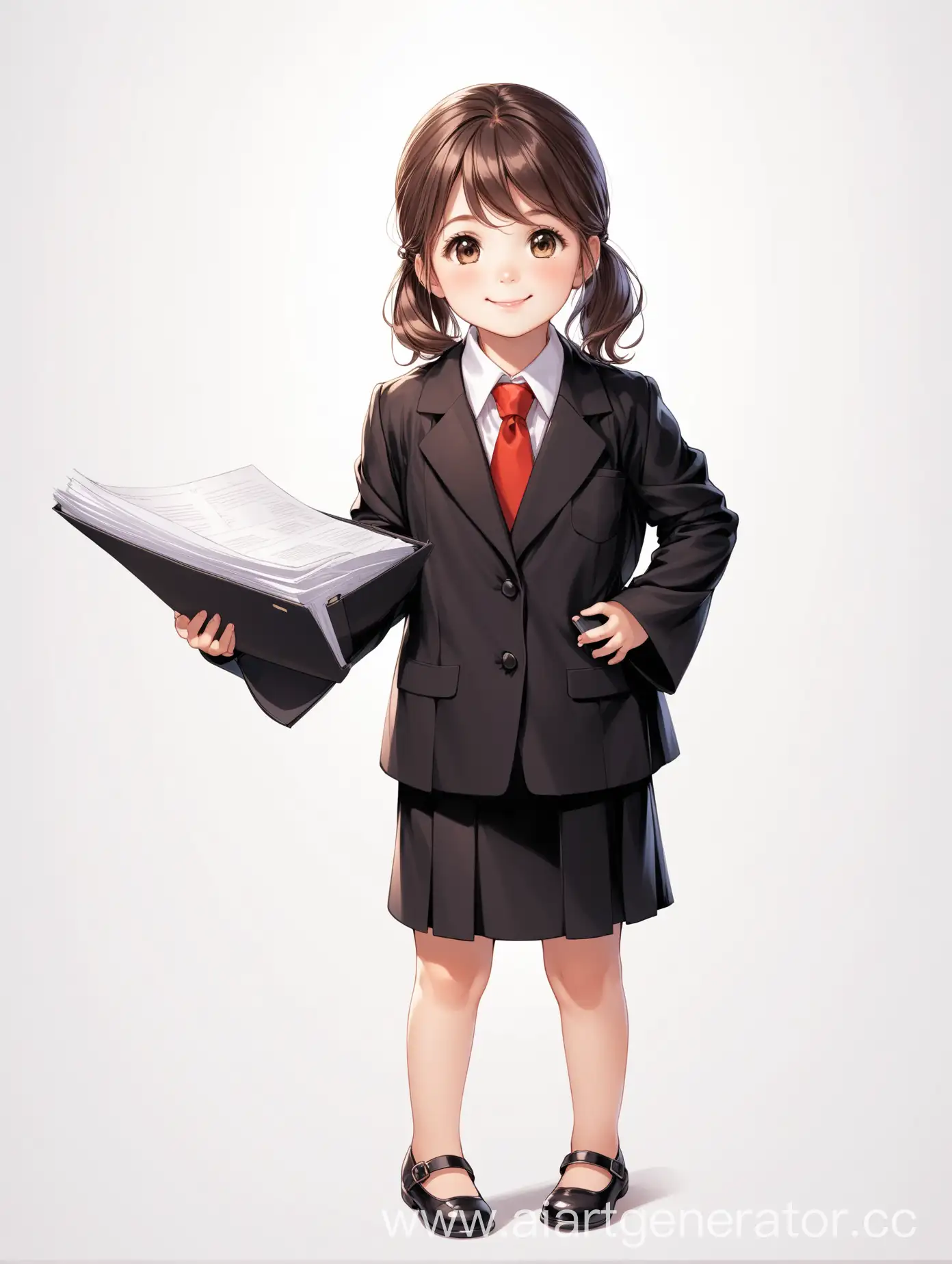 Маленькая девочка  одетая как юрист . Стоит и улыбается в руке у нее документы . Сделай белый фон