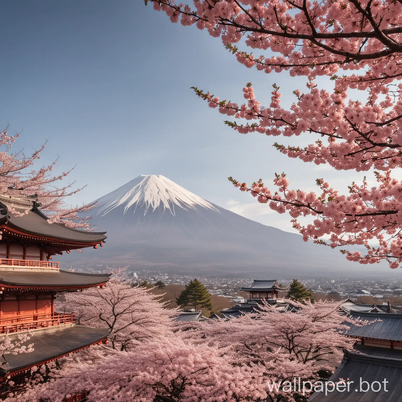 create an image of Mount Fuji of Japan behind a traditional temple with cherry blossom in front