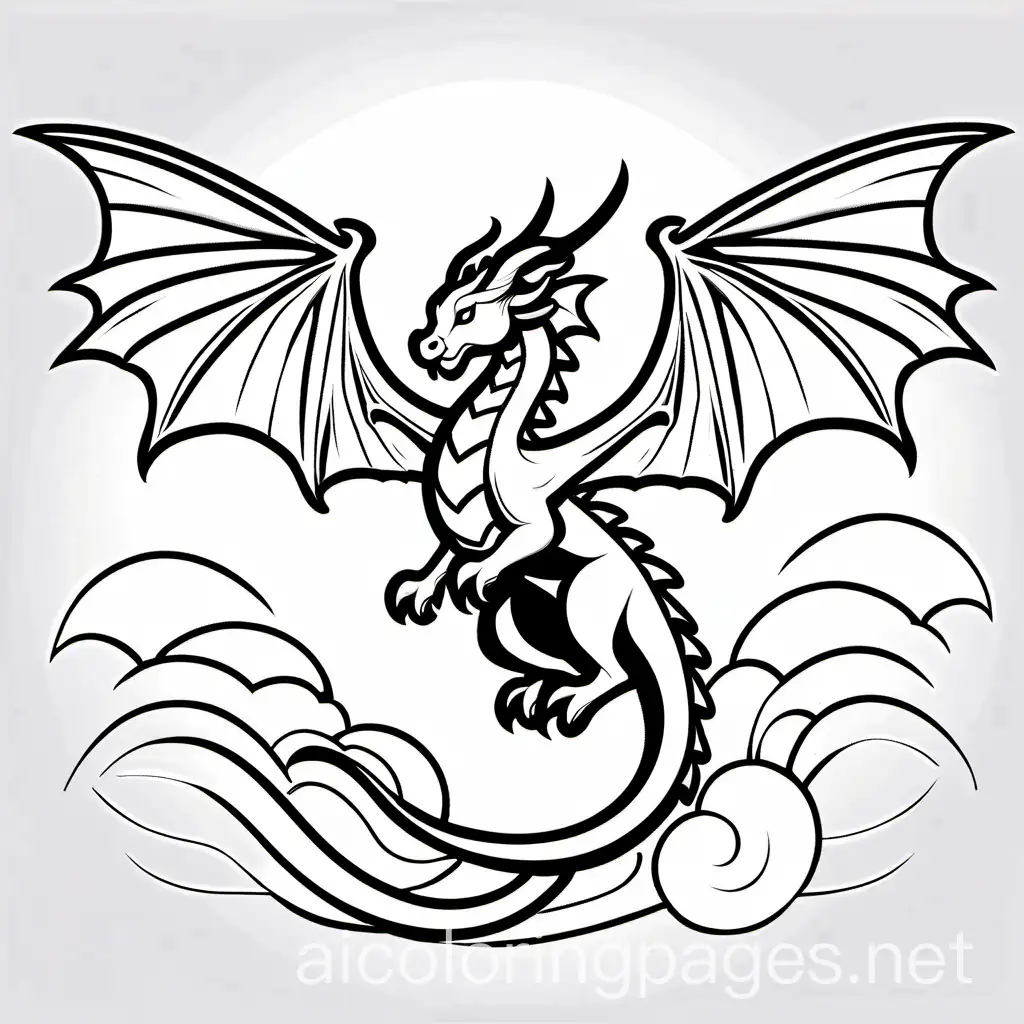 A dragon flying in the air, Coloring Page, black and white, line art, white background, Simplicity, Ample White Space. The background of the coloring page is plain white to make it easy for young children to color within the lines. The outlines of all the subjects are easy to distinguish, making it simple for kids to color without too much difficulty