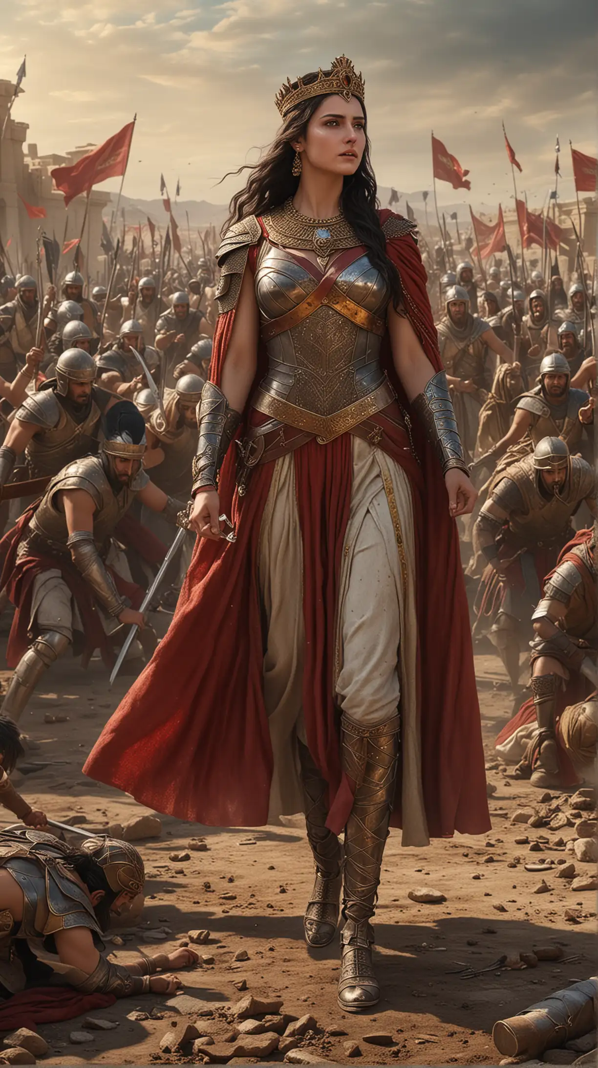 Triumph and Victory
Capture the moment of triumph as Queen Tomyris and her army emerge victorious over the Persians. They stand tall amidst the aftermath of battle, their faces filled with pride and determination. hyper realistic