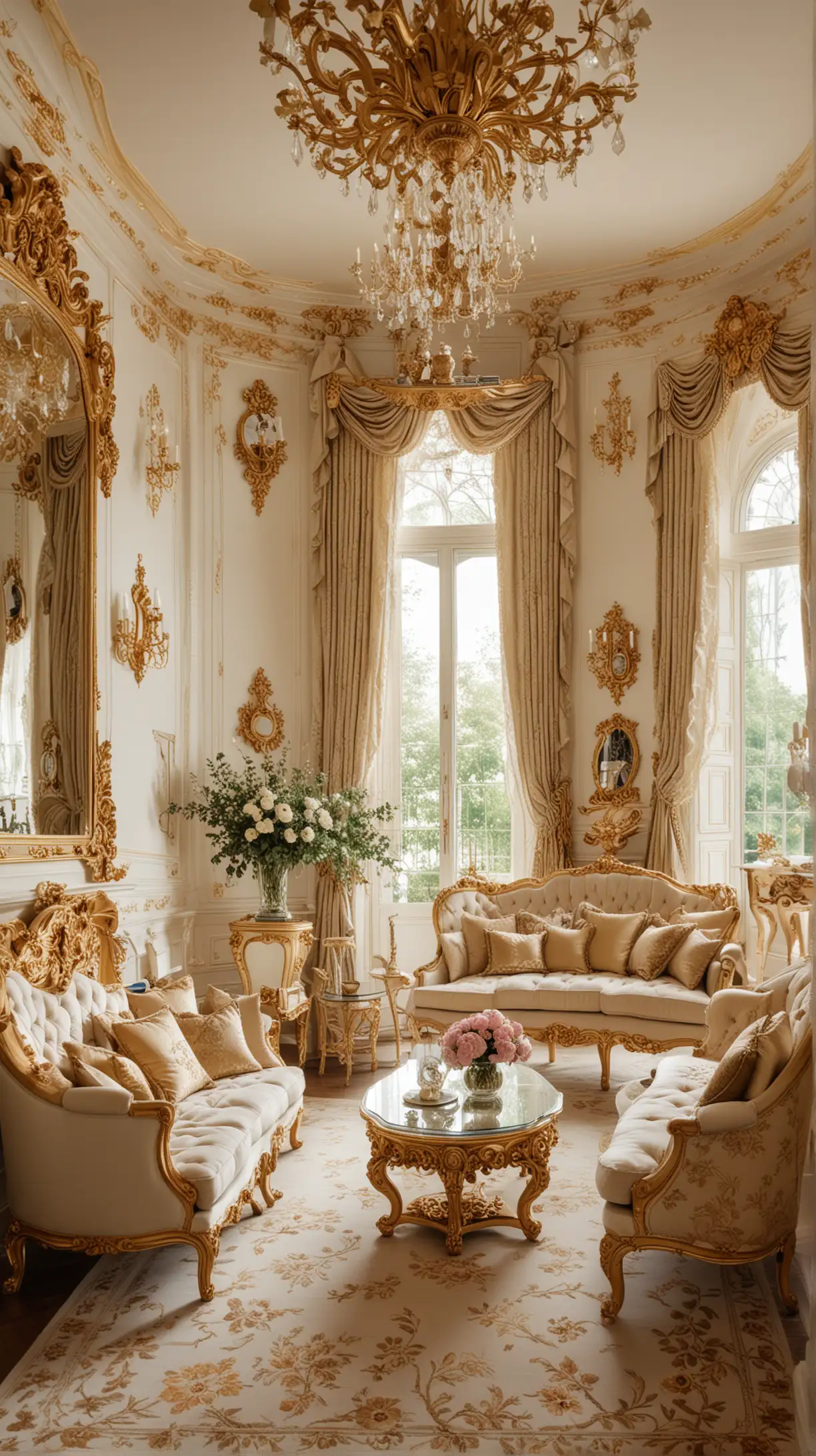 Extravagant Rococo-styled living room with light colors, gold accents, and ornate floral designs, showcasing lavish elegance.