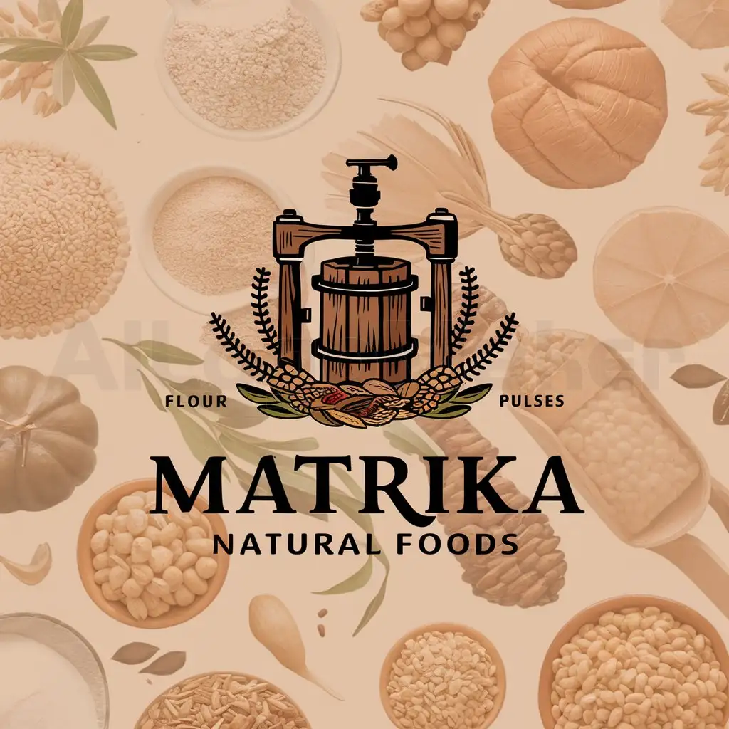 a logo design,with the text "MATRIKA Natural Foods", main symbol:Design a logo for Wonderpress, a wood press oil manufacturing company aiming to expand its product line to include grains, flour, pulses, and more. The logo should reflect the authenticity and traditional process of wood press oil extraction while being versatile enough to encompass the future product range. Avoid clichés and create a unique design that stands out in the market clutter. Focus on conveying the company's commitment to natural, high-quality products.,Moderate,be used in Others industry,clear background