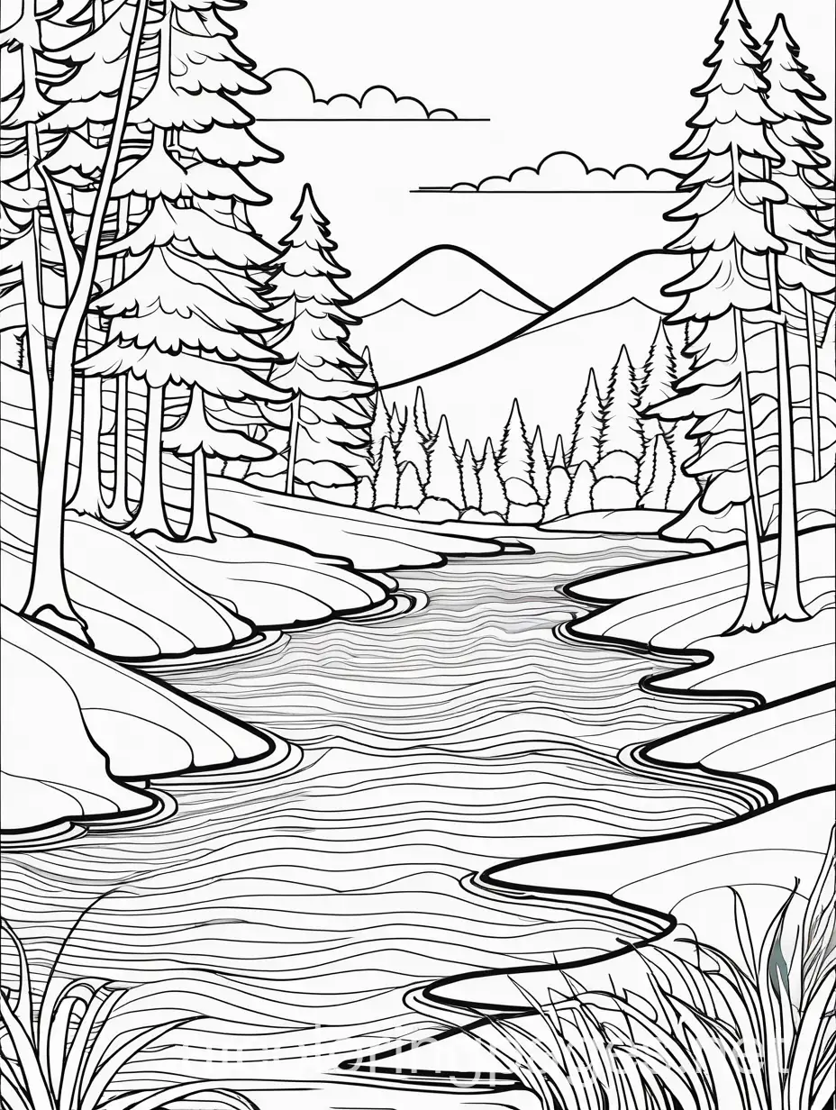  Extremely simple, cartoon-style, beautiful river, easy to color, black and white, coloring page, coloring page, black and white, line art, white background, simplicity, ample white space. The coloring page's background is plain white to make it easy for young children to color within the lines. The outlines of all subjects are easily distinguishable, making it simple for kids to color without too much difficulty. (Translation: No translation required as the input is already in English.)