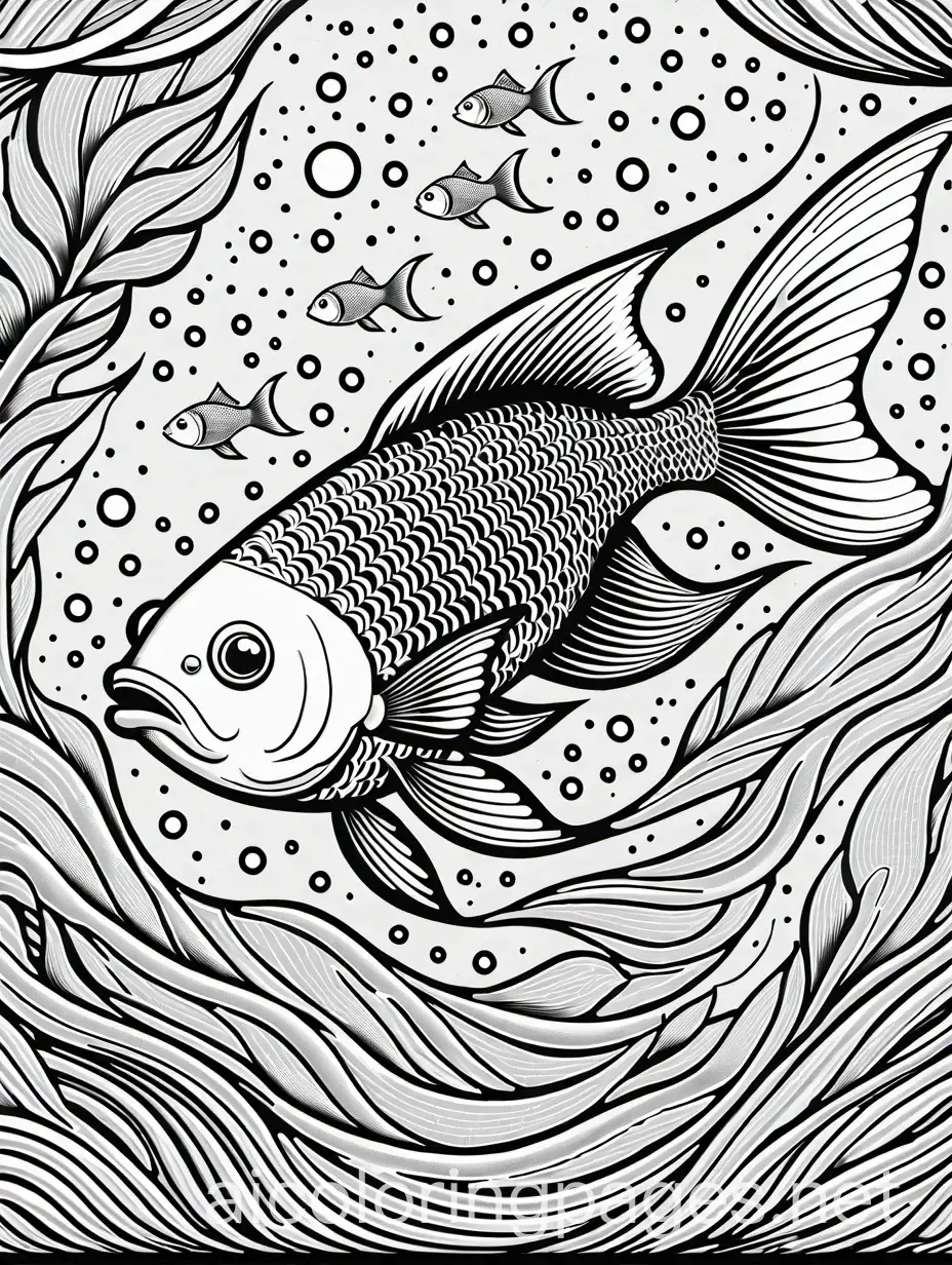 fish in space, Coloring Page, black and white, line art, white background, Simplicity, Ample White Space. The background of the coloring page is plain white to make it easy for young children to color within the lines. The outlines of all the subjects are easy to distinguish, making it simple for kids to color without too much difficulty
